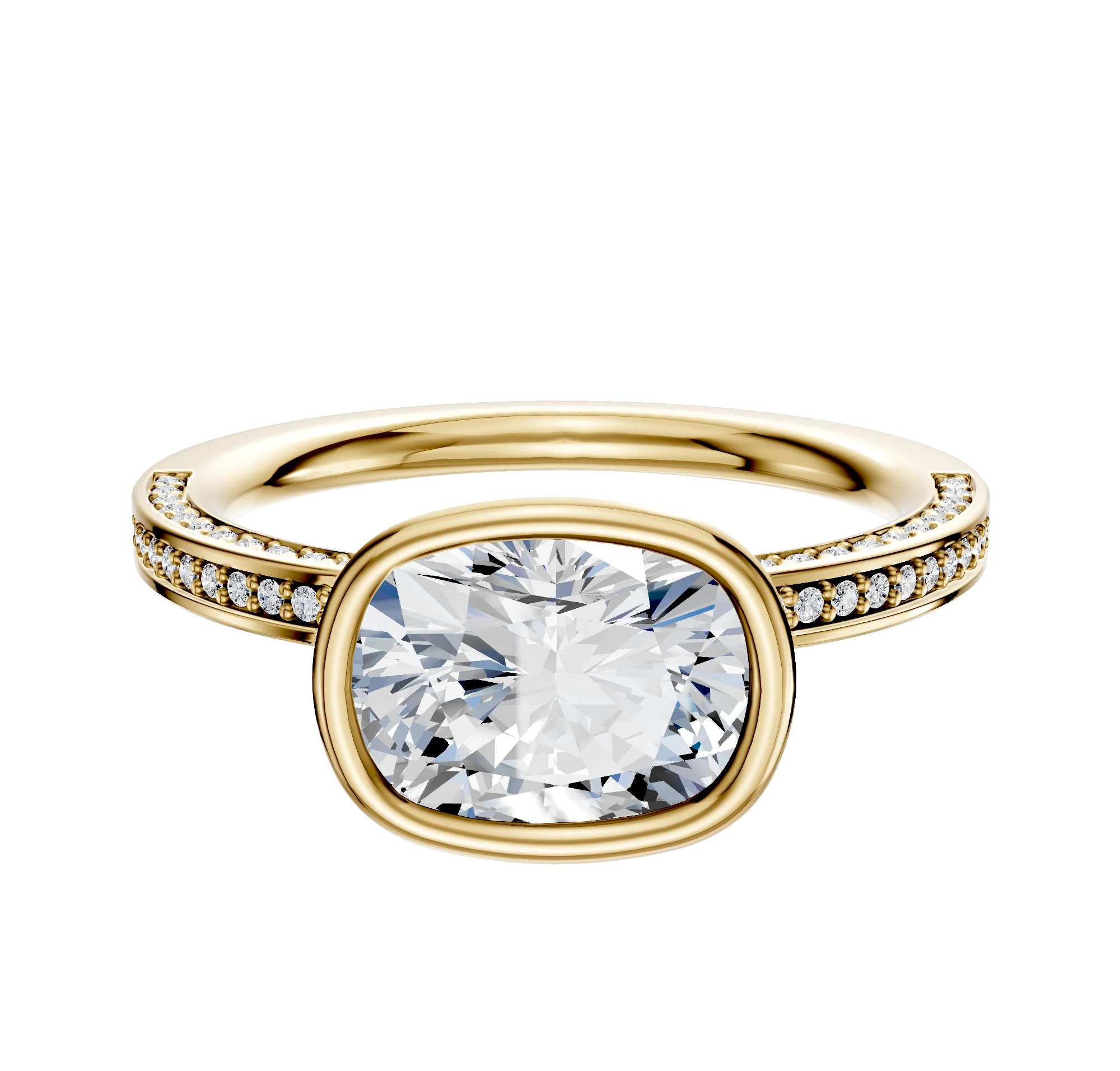 14K Yellow Gold Bezel Full Bezel East/West Classic Flat 3-Row-Pave 2.0mm Engagement Ring