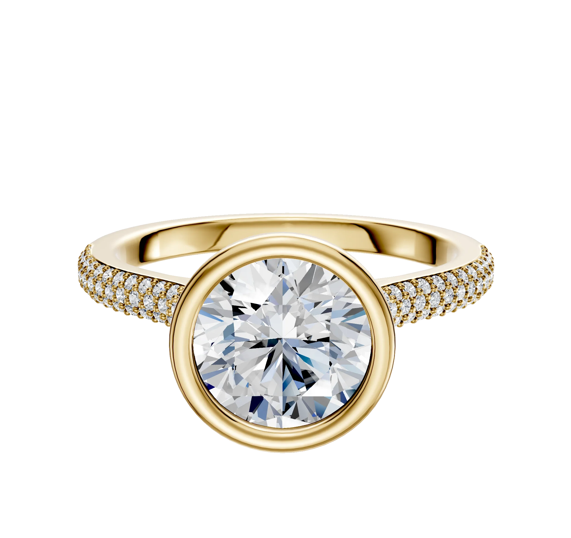 14K Yellow Gold Bezel Full Bezel North/South Cathedral Dome 3-Row-Pave 2.0mm Engagement Ring