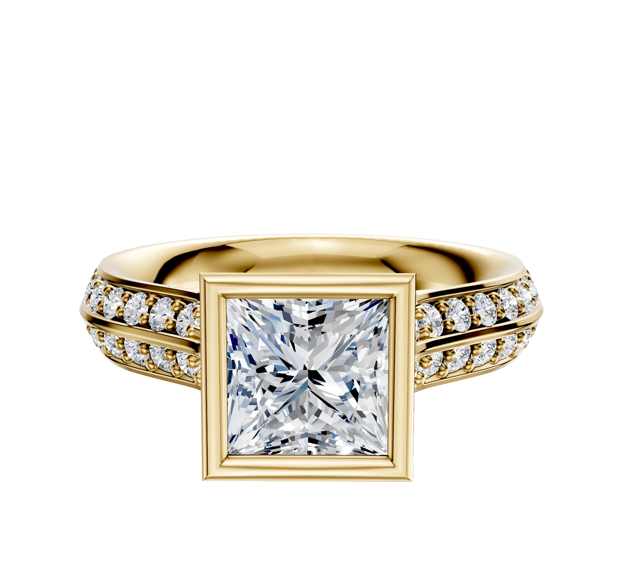14K Yellow Gold Bezel Full Bezel North/South Cathedral Knife Edge 1-Row-Pave 2.5mm Engagement Ring