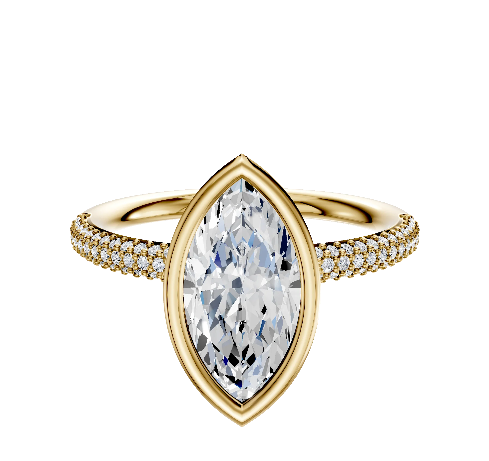 14K Yellow Gold Bezel Full Bezel North/South Classic Dome 3-Row-Pave 2.0mm Engagement Ring