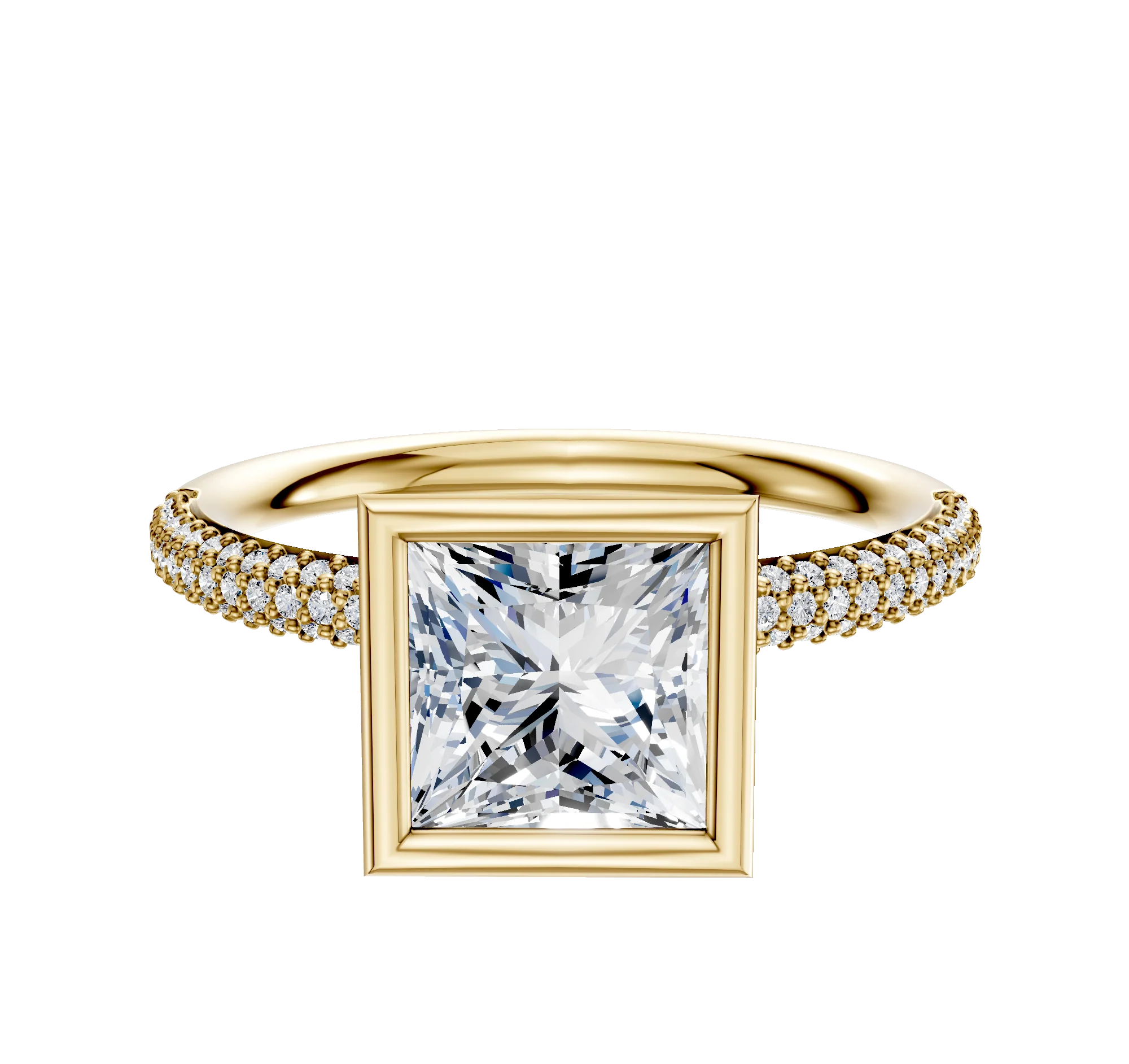 14K Yellow Gold Bezel Full Bezel North/South Classic Dome 3-Row-Pave 2.0mm Engagement Ring