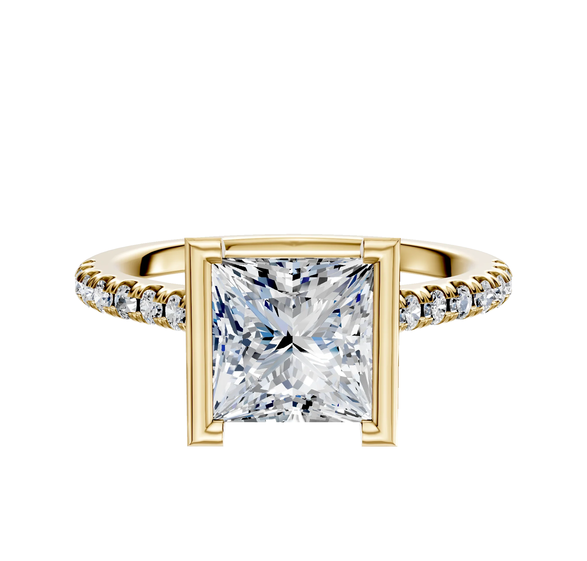 14K Yellow Gold Bezel Half Bezel North/South Cathedral Dome 1-Row-Pave 2.5mm Engagement Ring