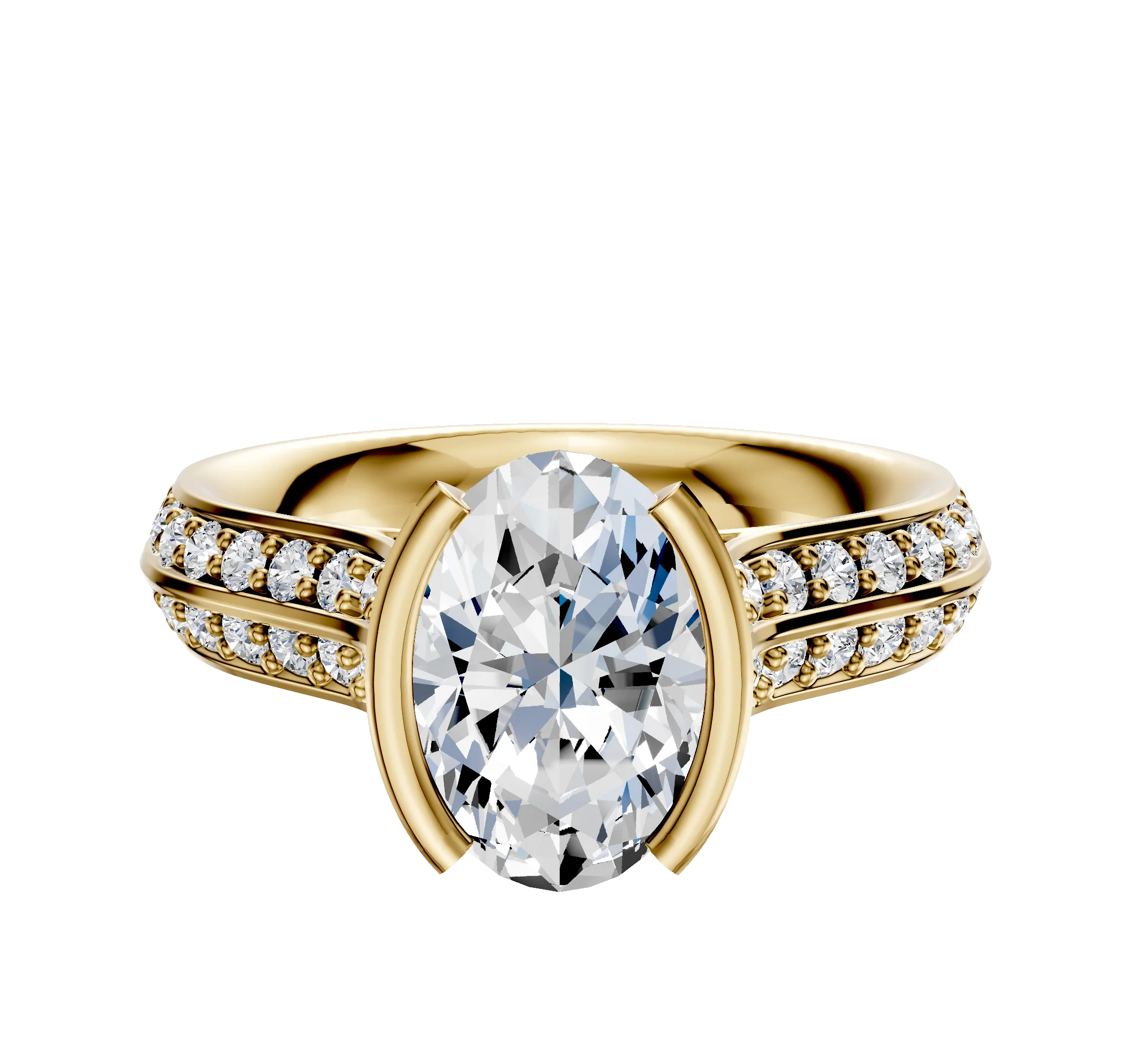 14K Yellow Gold Bezel Half Bezel North/South Cathedral Knife Edge 1-Row-Pave 2.5mm Engagement Ring