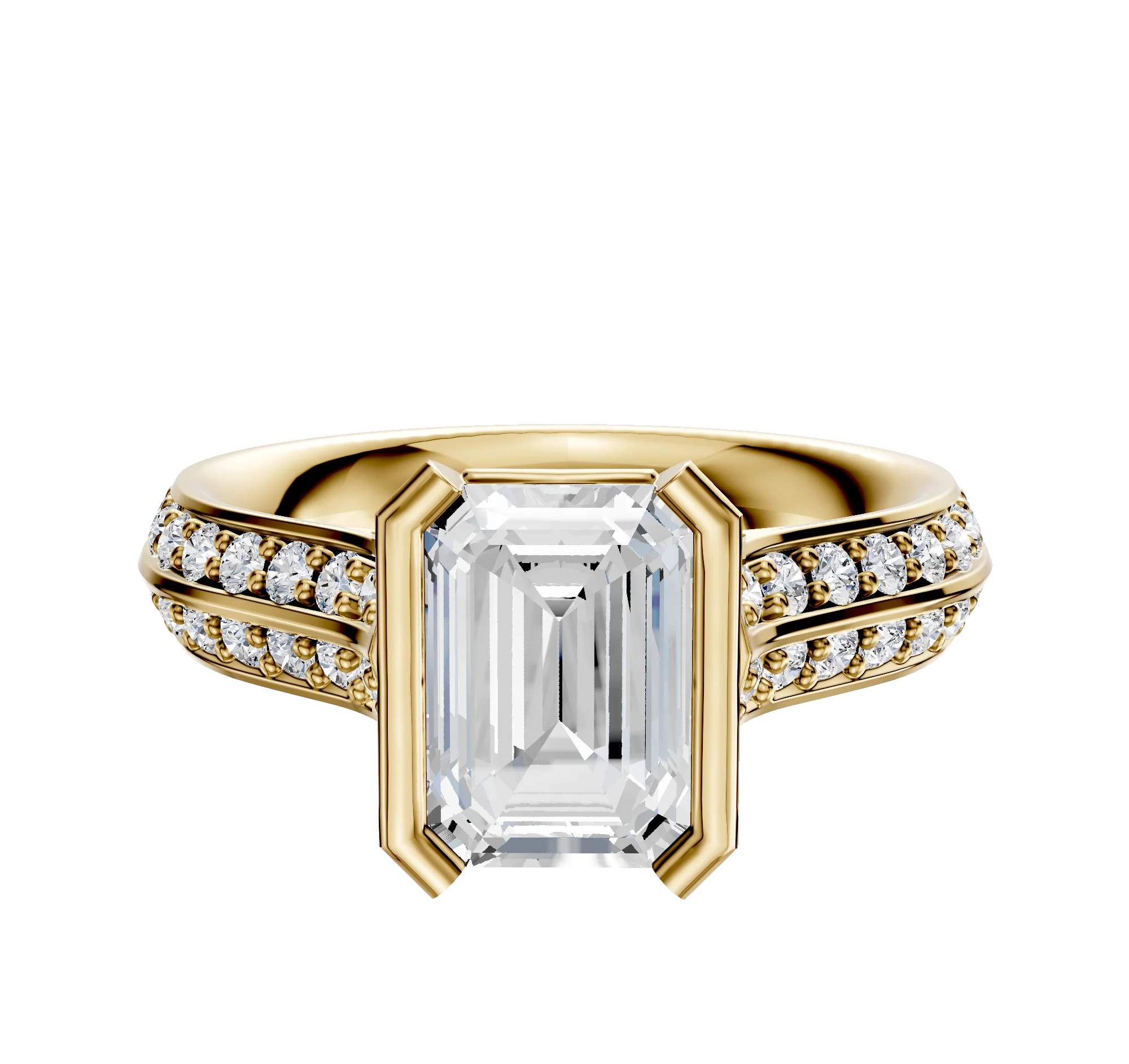 14K Yellow Gold Bezel Half Bezel North/South Cathedral Knife Edge 1-Row-Pave 2.5mm Engagement Ring