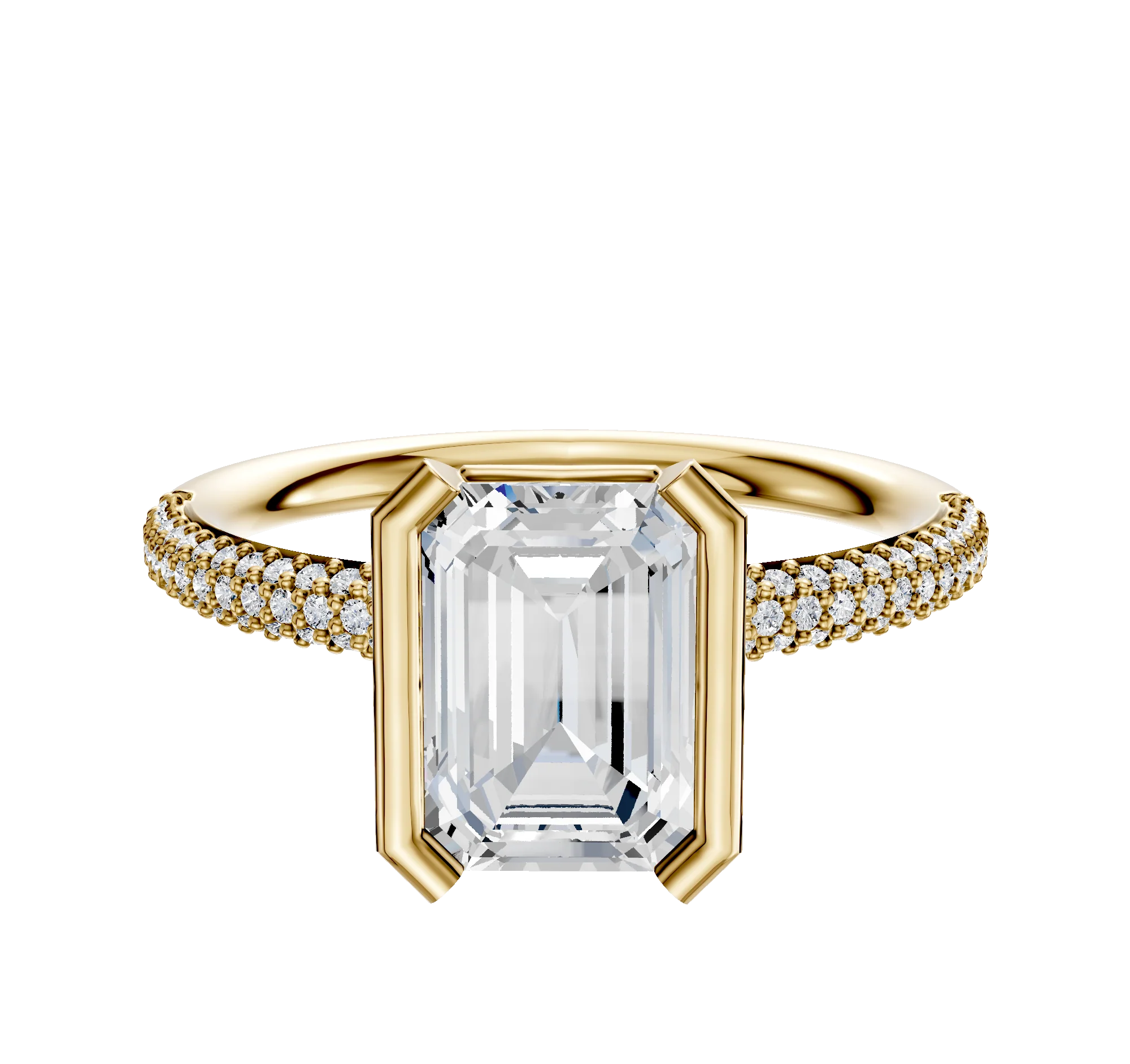 14K Yellow Gold Bezel Half Bezel North/South Classic Dome 3-Row-Pave 2.0mm Engagement Ring
