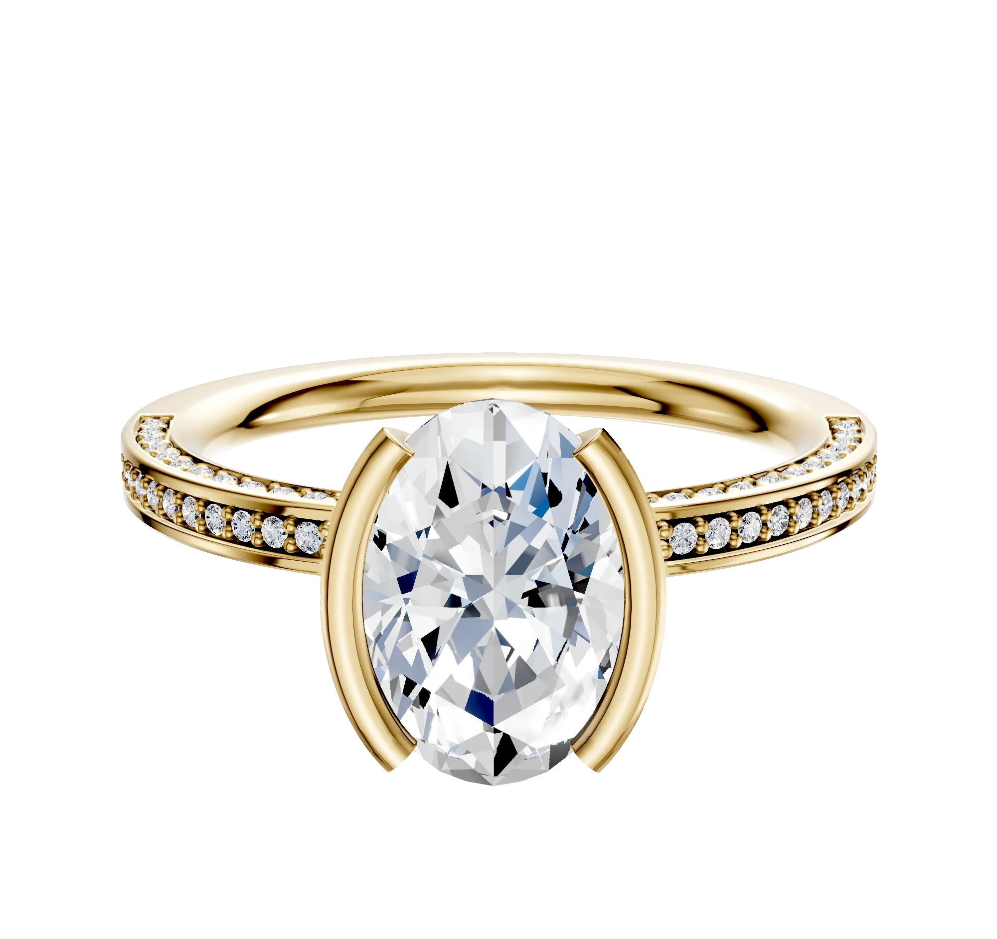 14K Yellow Gold Bezel Half Bezel North/South Classic Flat 3-Row-Pave 2.0mm Engagement Ring