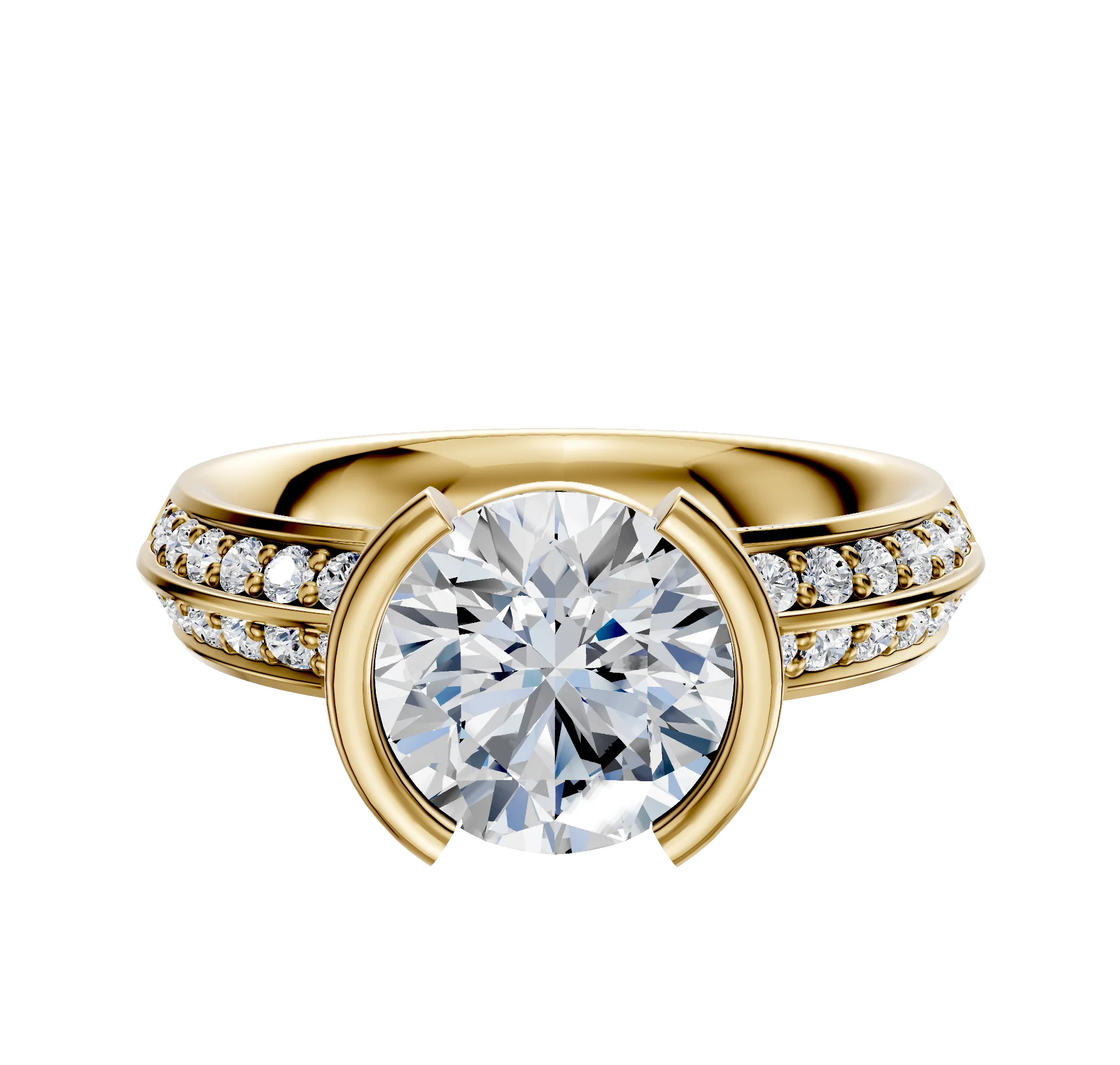 14K Yellow Gold Bezel Half Bezel North/South Classic Knife Edge 1-Row-Pave 2.5mm Engagement Ring
