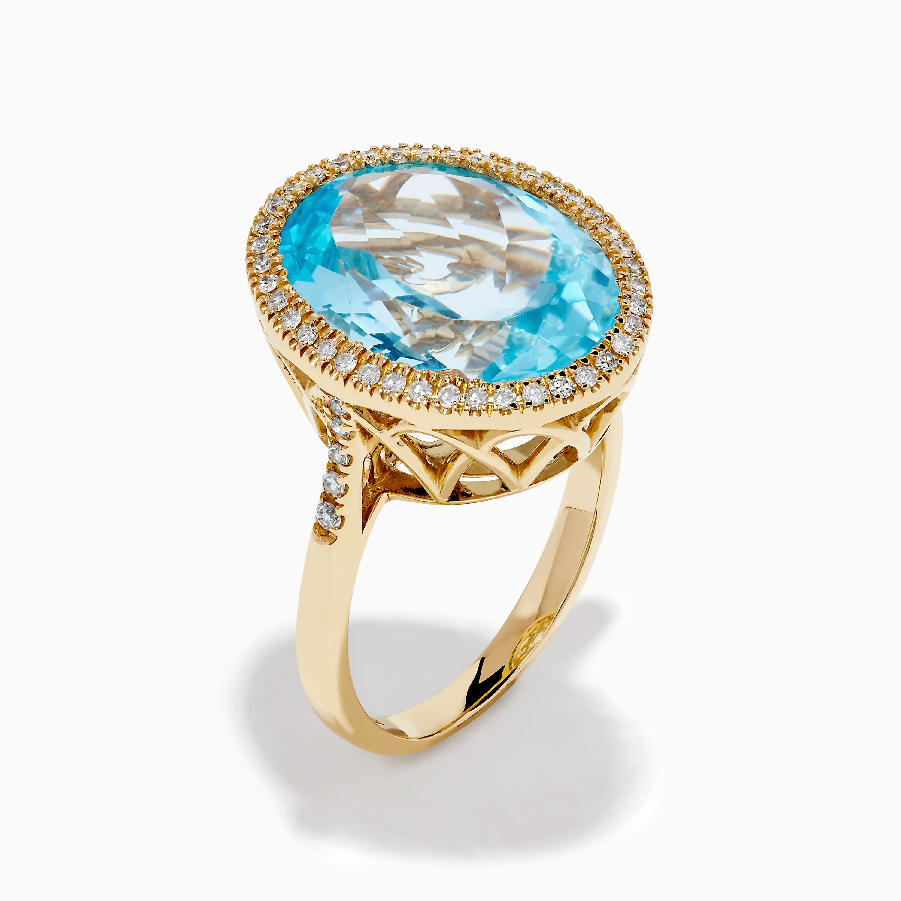 14K Yellow Gold Blue Topaz and Diamond Halo Cocktail Ring - Image 4