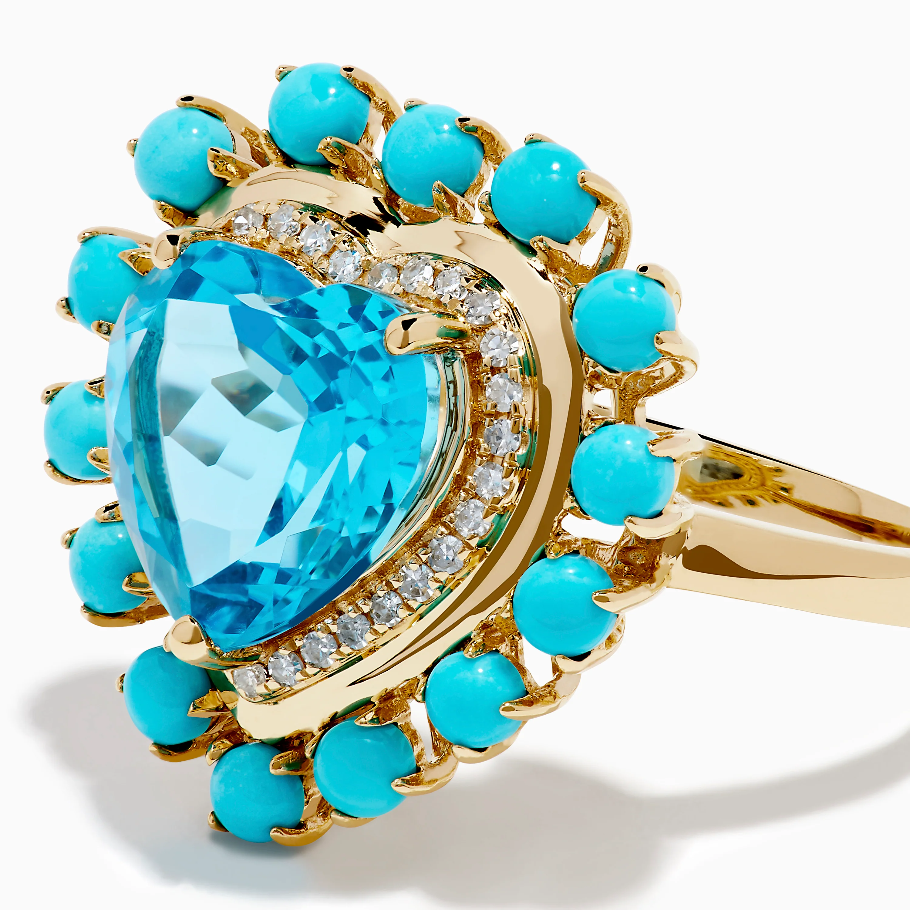 14K Yellow Gold Blue Topaz, Turquoise and Diamond Heart Cocktail Ring - Image 2