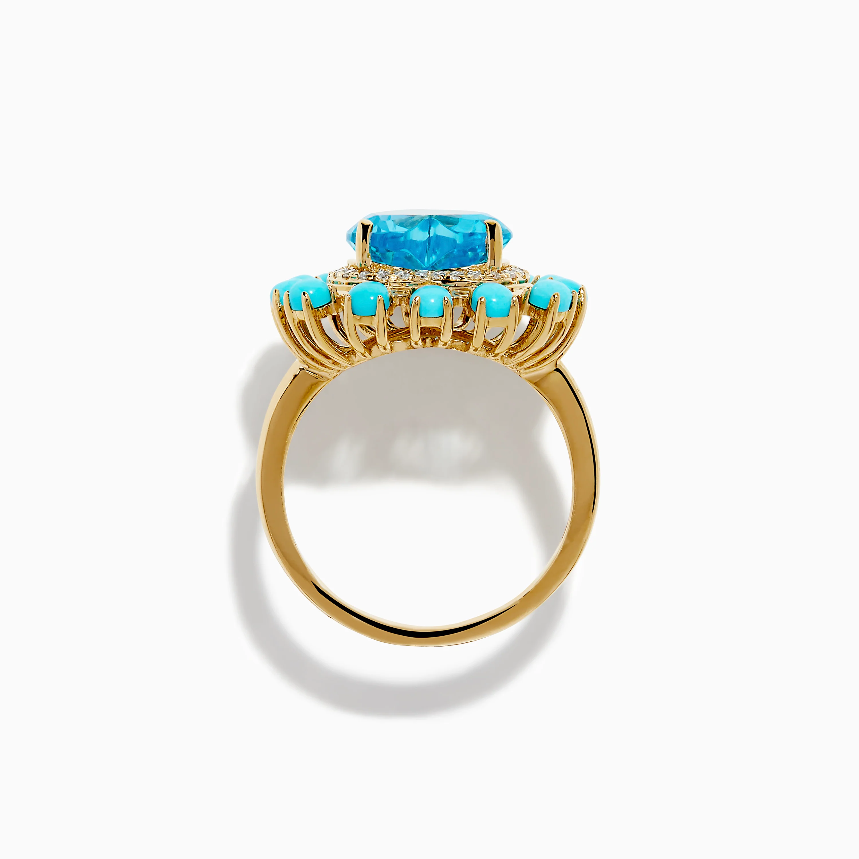 14K Yellow Gold Blue Topaz, Turquoise and Diamond Heart Cocktail Ring - Image 3