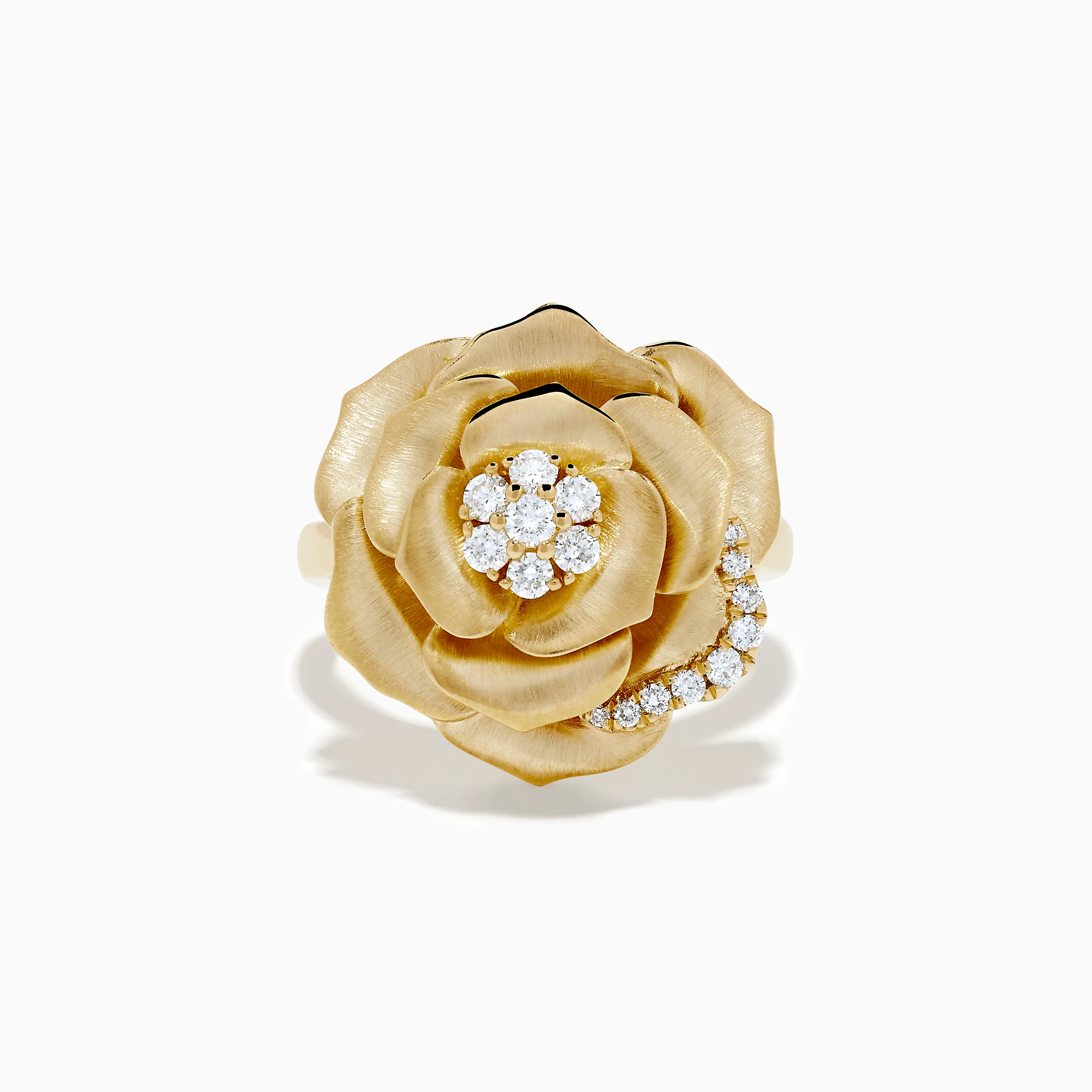 14K Yellow Gold Brushed Diamond Rose Flower Ring