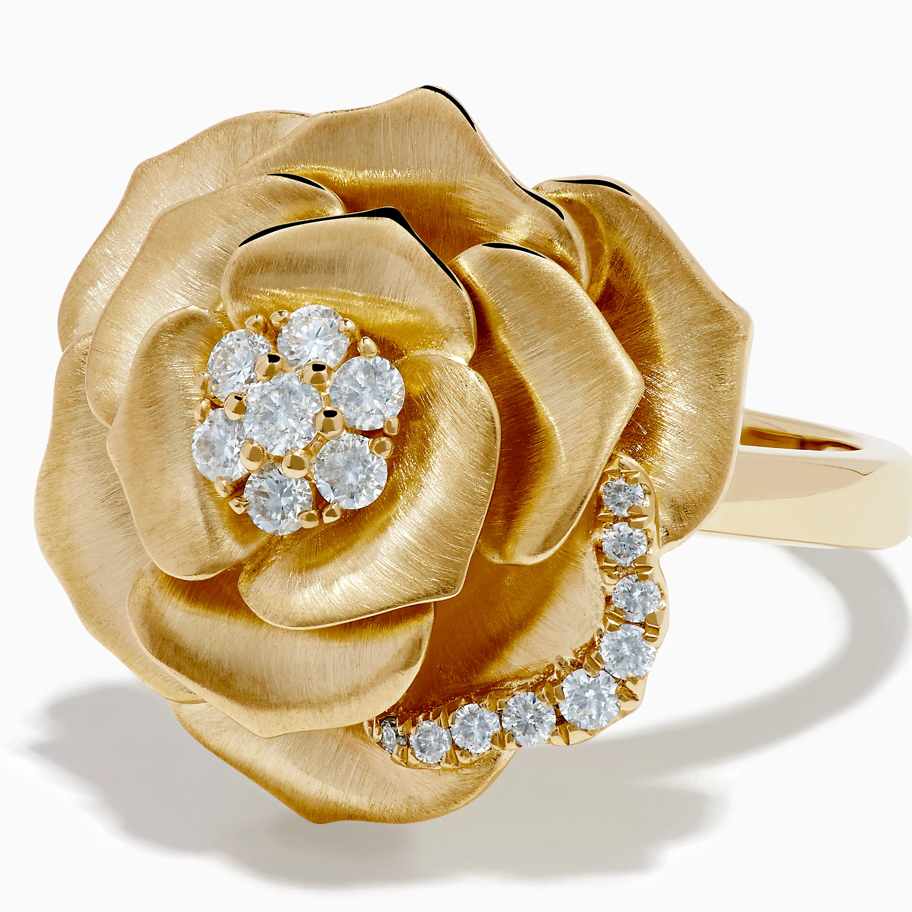 14K Yellow Gold Brushed Diamond Rose Flower Ring - Image 2