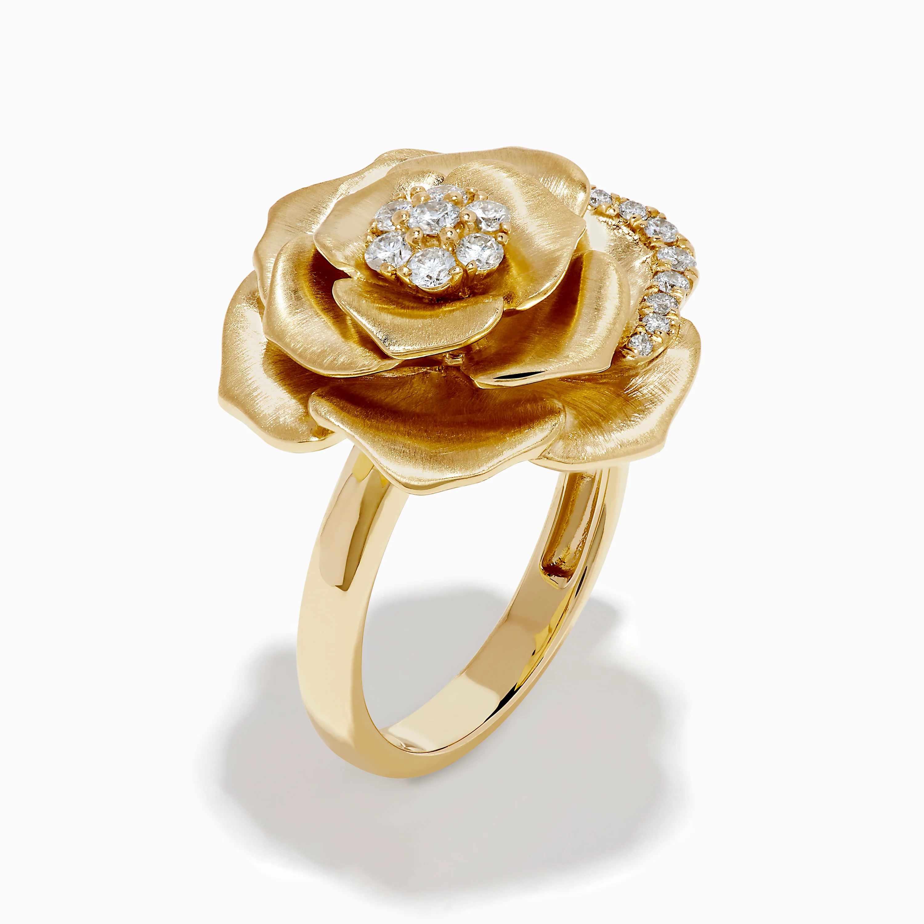 14K Yellow Gold Brushed Diamond Rose Flower Ring - Image 4