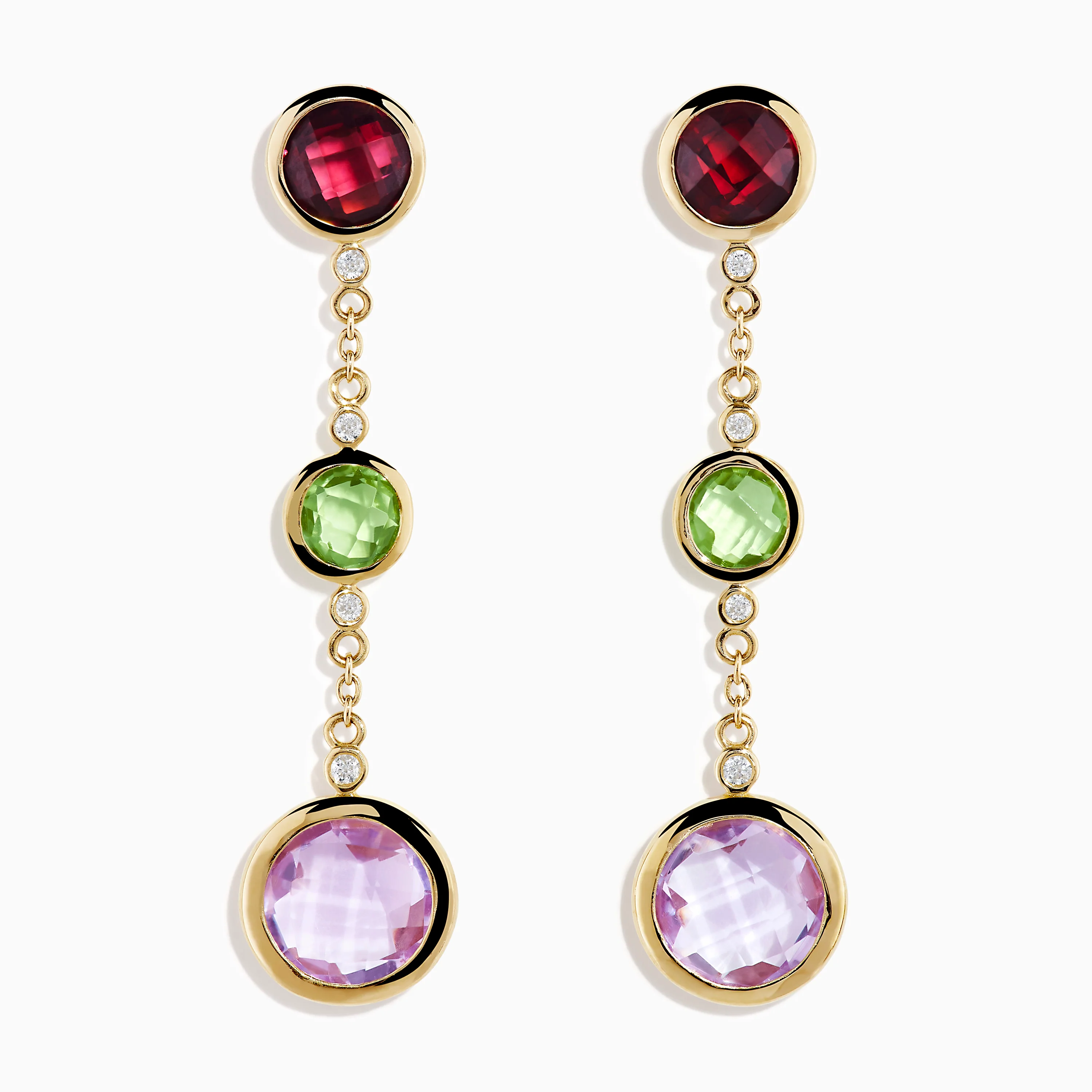 14K Yellow Gold Diamond and Muti Color Gemstone Linear Drop Earrings