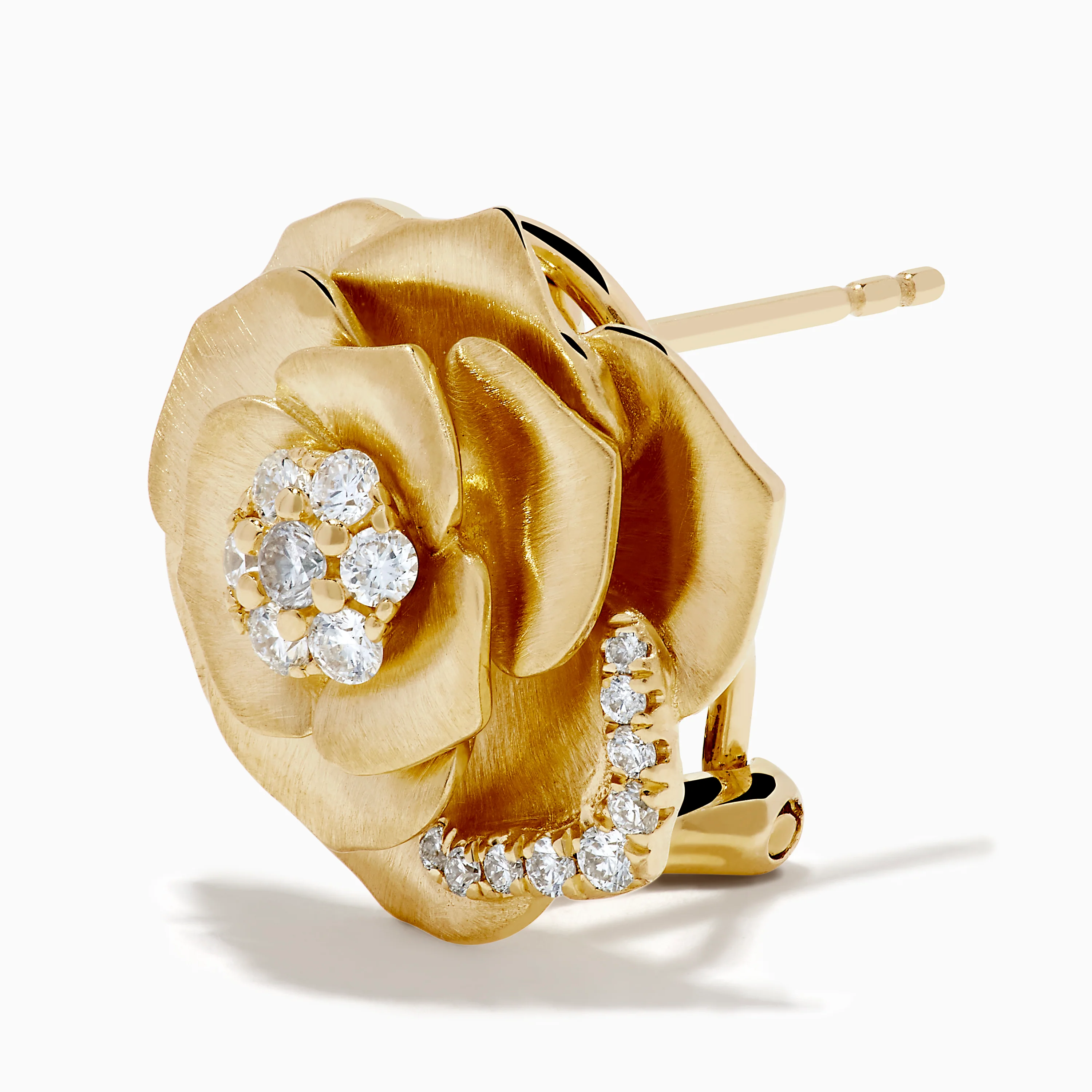 14K Yellow Gold Diamond Brushed Rose Flower Clip-On Earrings - Image 2