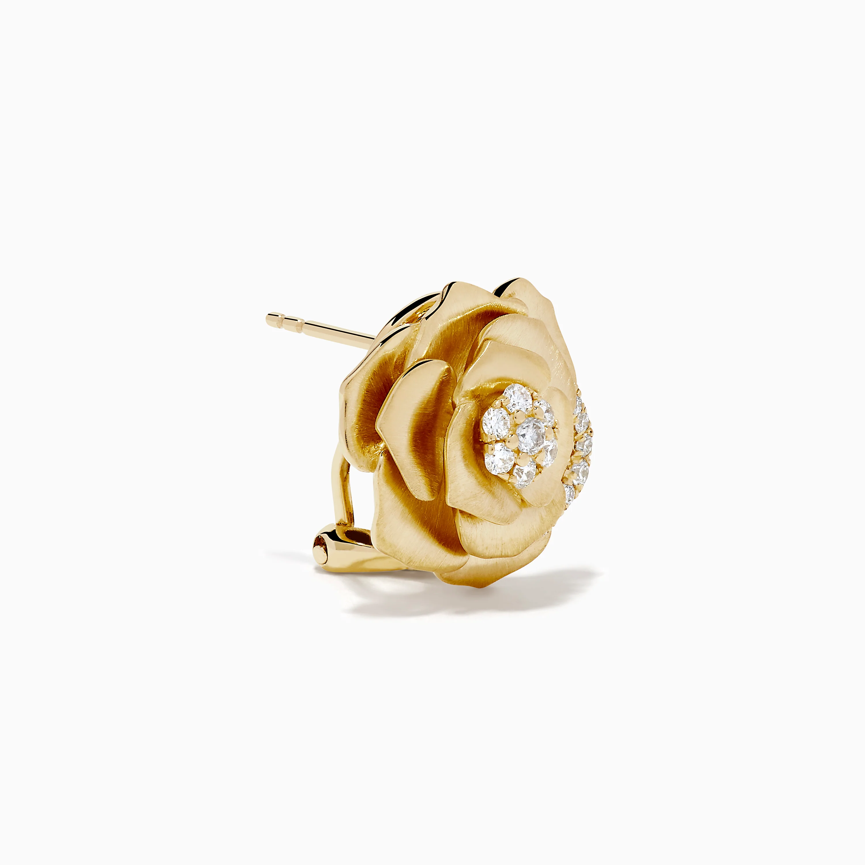 14K Yellow Gold Diamond Brushed Rose Flower Clip-On Earrings - Image 3