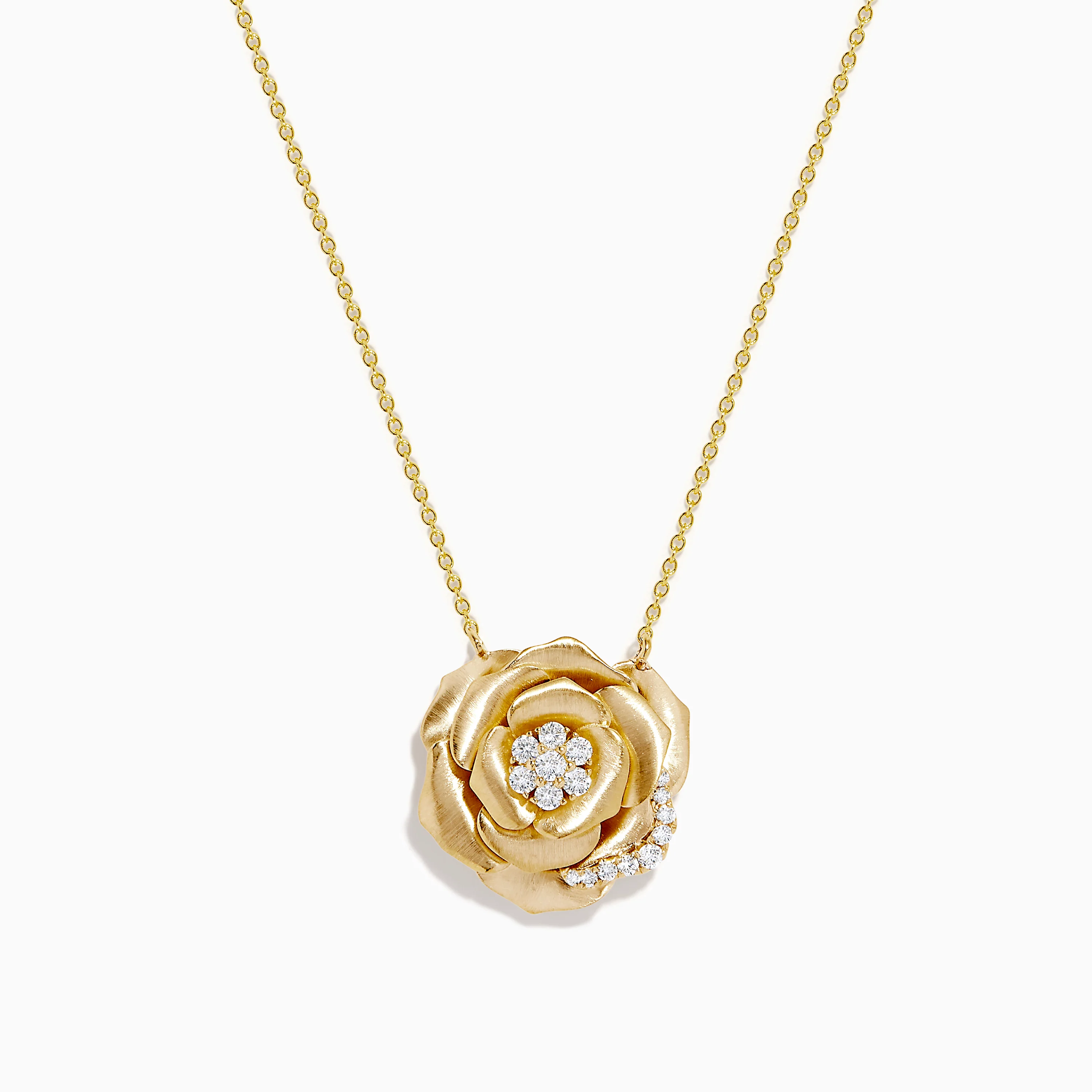 14K Yellow Gold Diamond Brushed Rose Flower Pendant Necklace