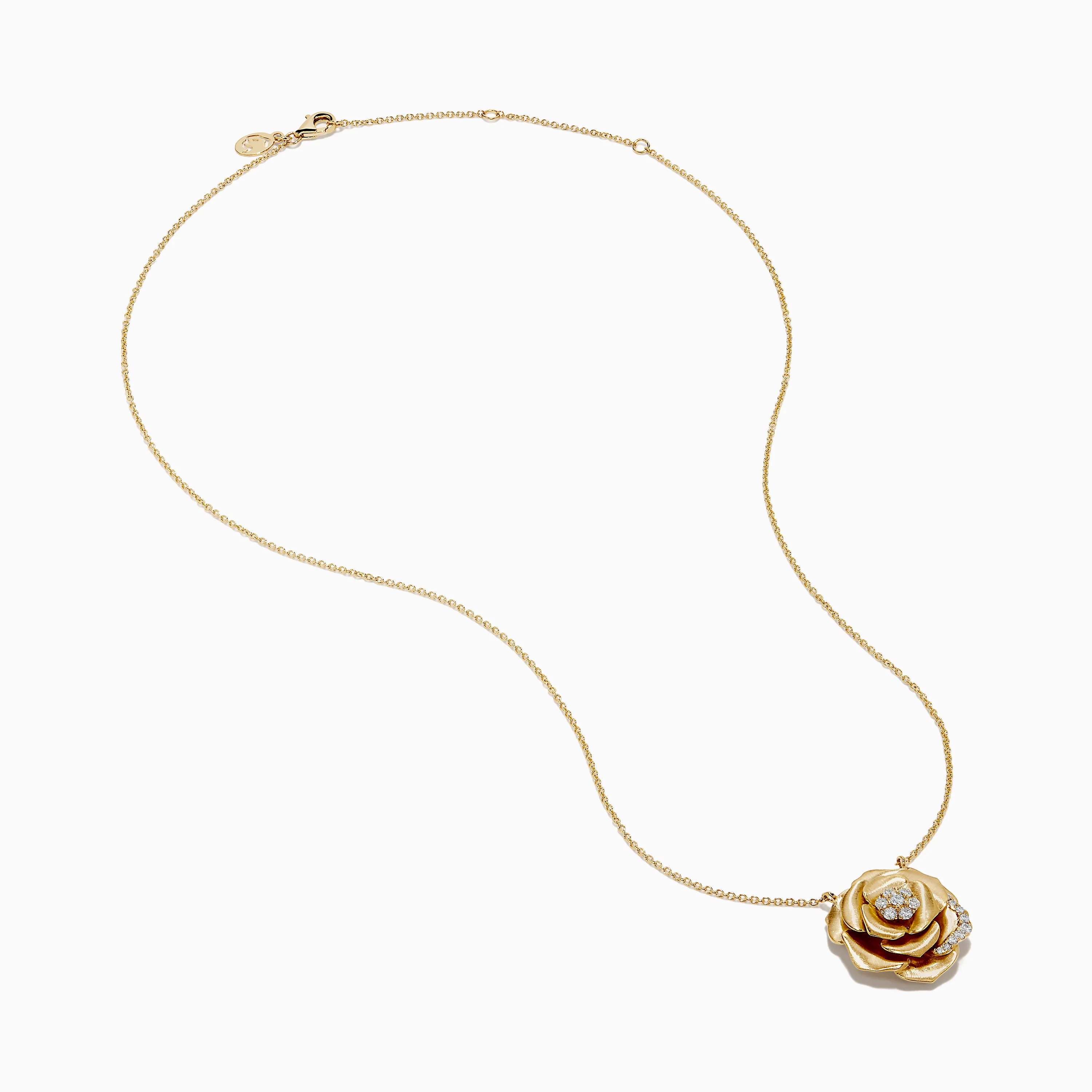 14K Yellow Gold Diamond Brushed Rose Flower Pendant Necklace - Image 2