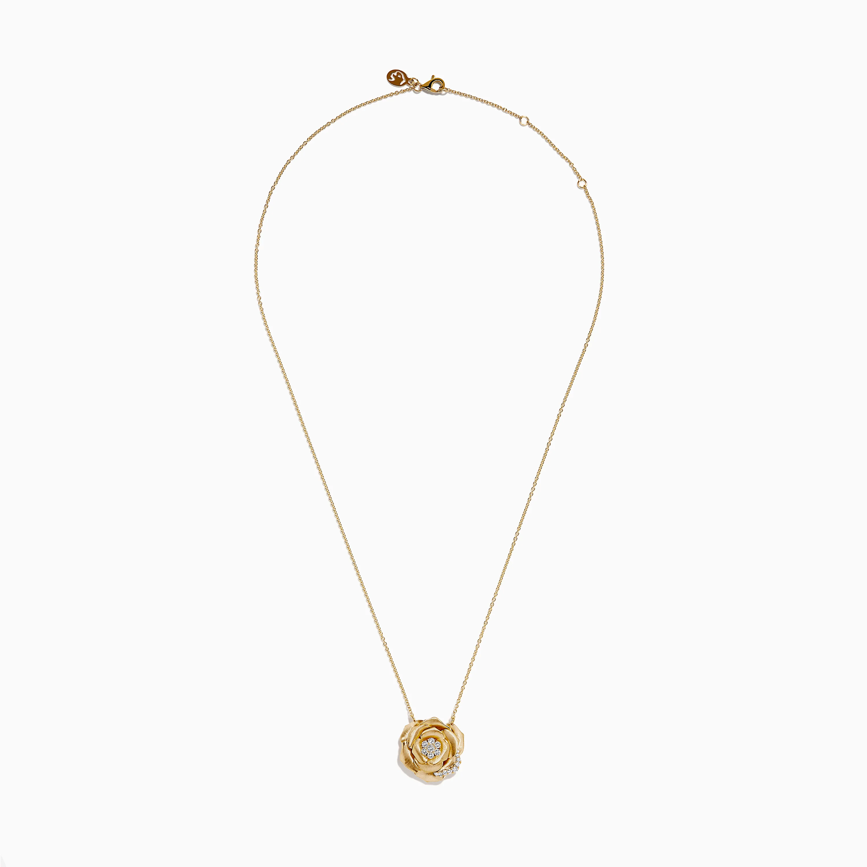 14K Yellow Gold Diamond Brushed Rose Flower Pendant Necklace - Image 3