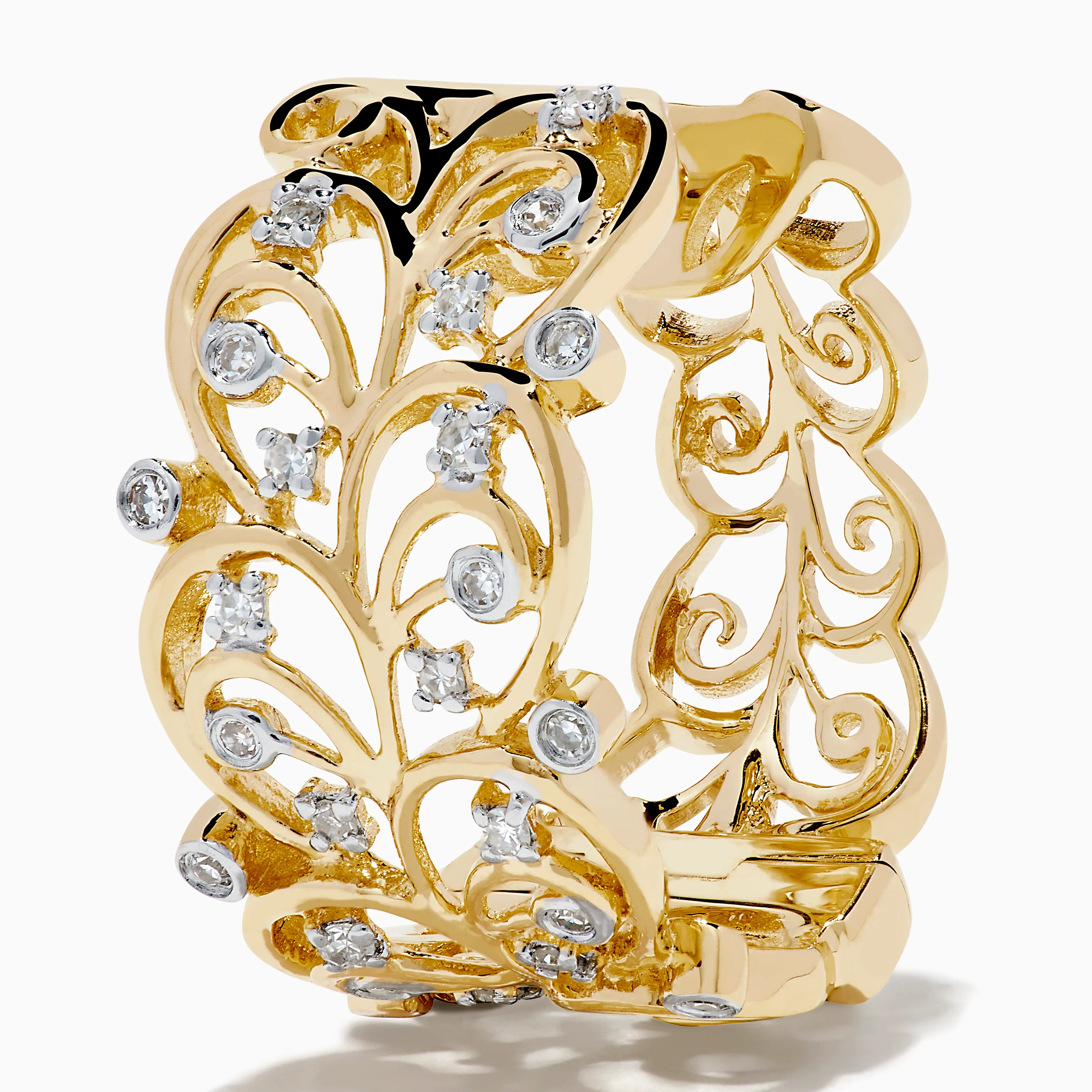 14K Yellow Gold Diamond Filigree Vine Hoop Earrings - Image 2