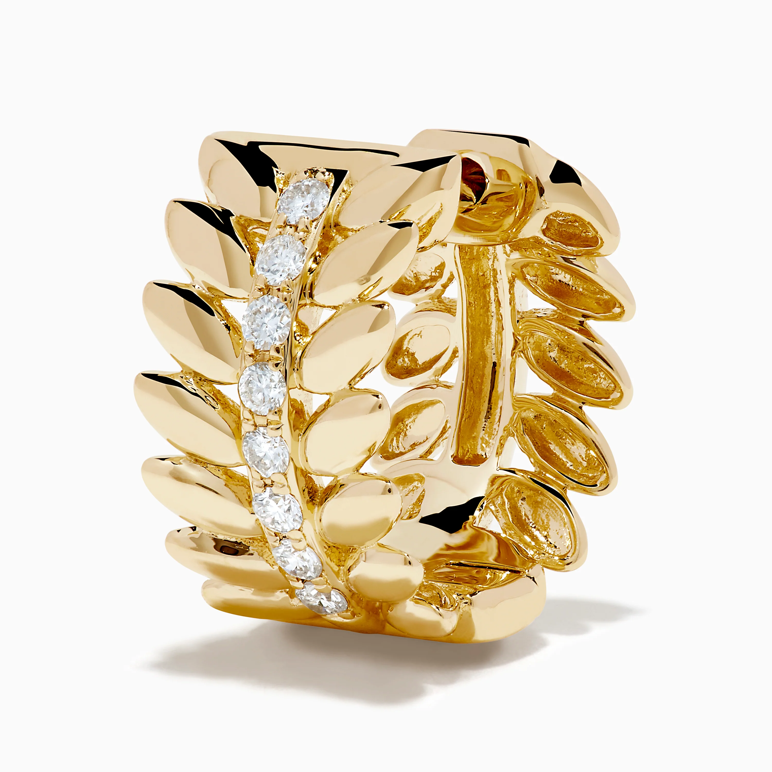 14K Yellow Gold Diamond Laurel Leaf Mini Hoop Earrings - Image 2