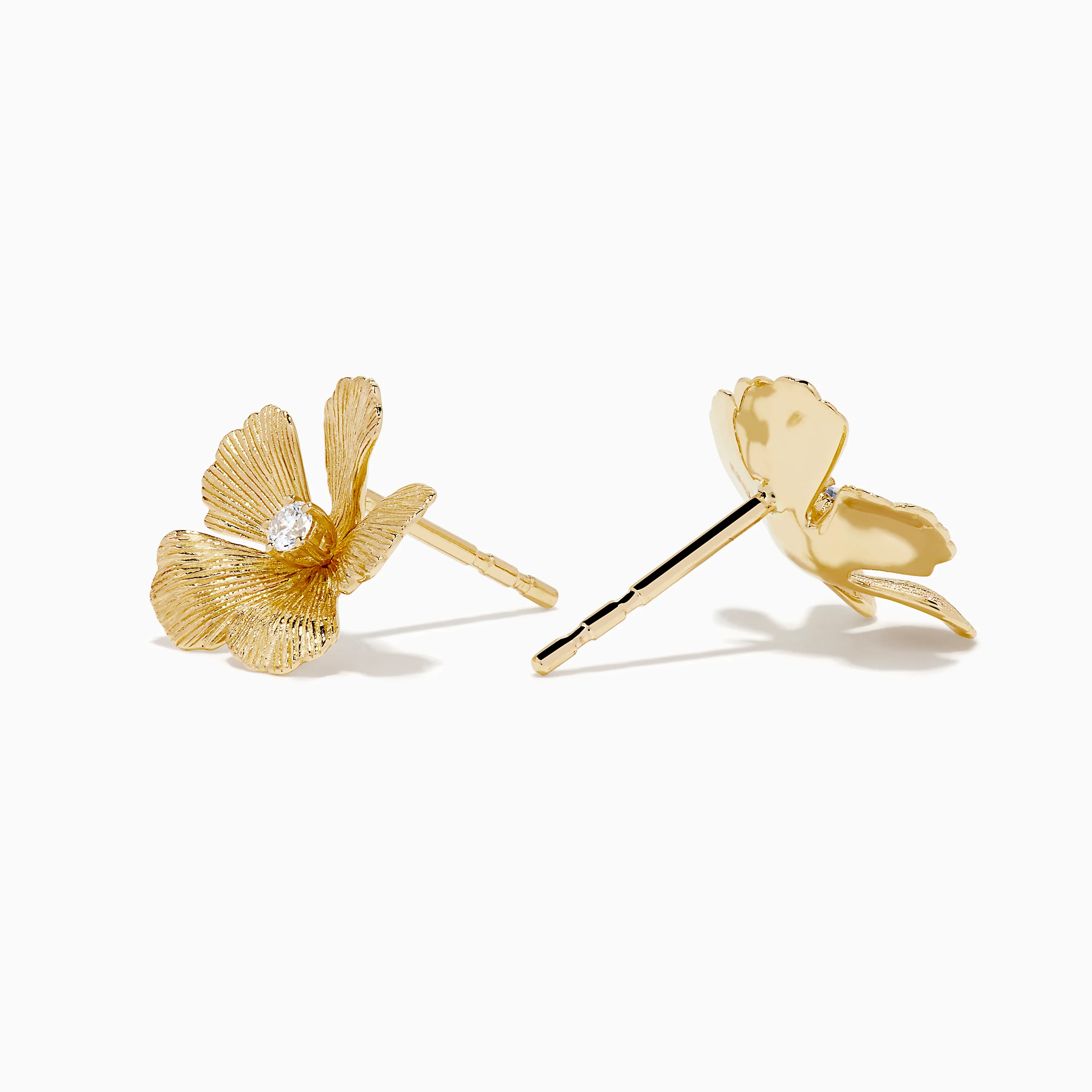 14K Yellow Gold Diamond Textured Petal Flower Stud Earrings - Image 2