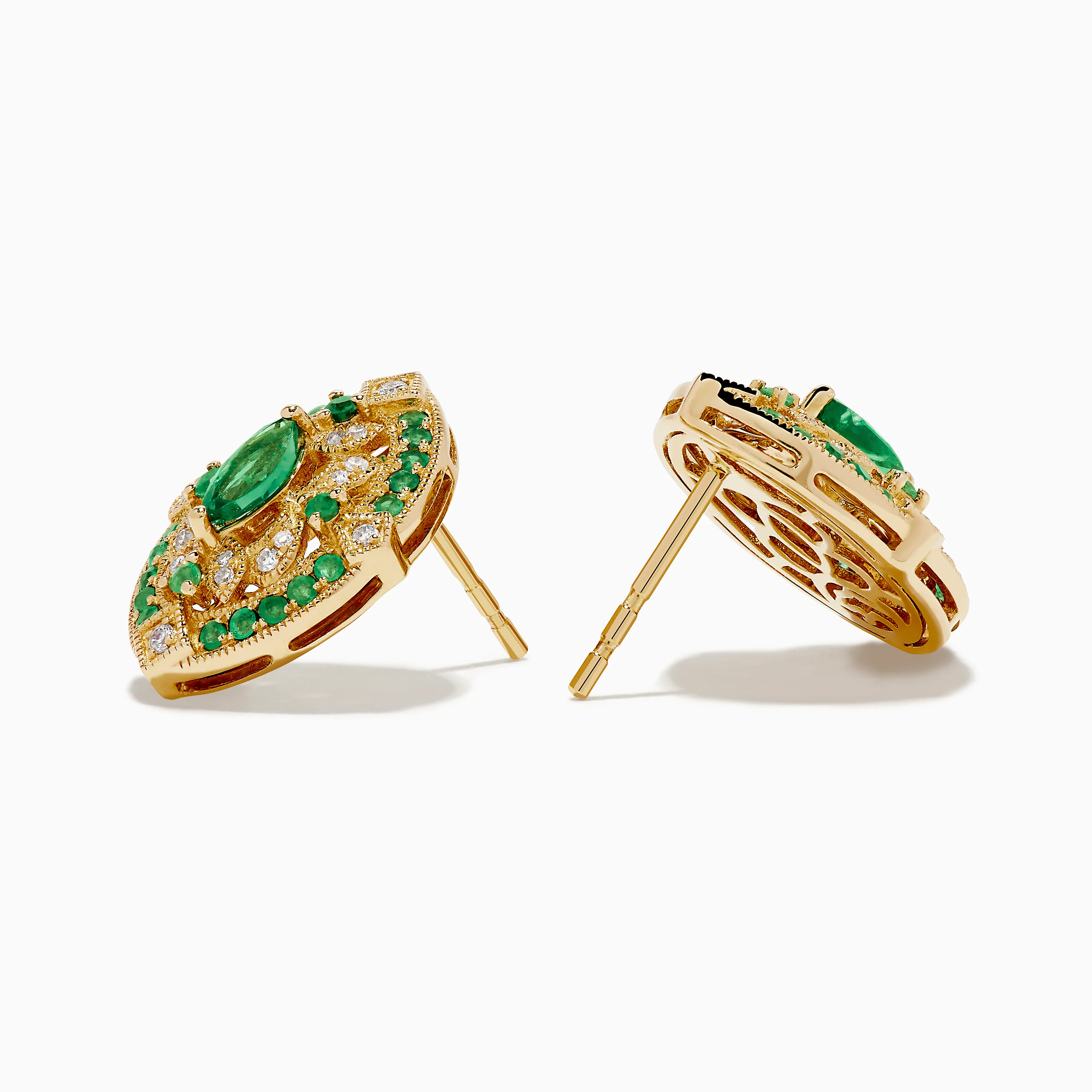 14K Yellow Gold Emerald and Diamond Art Deco Stud Earrings - Image 2