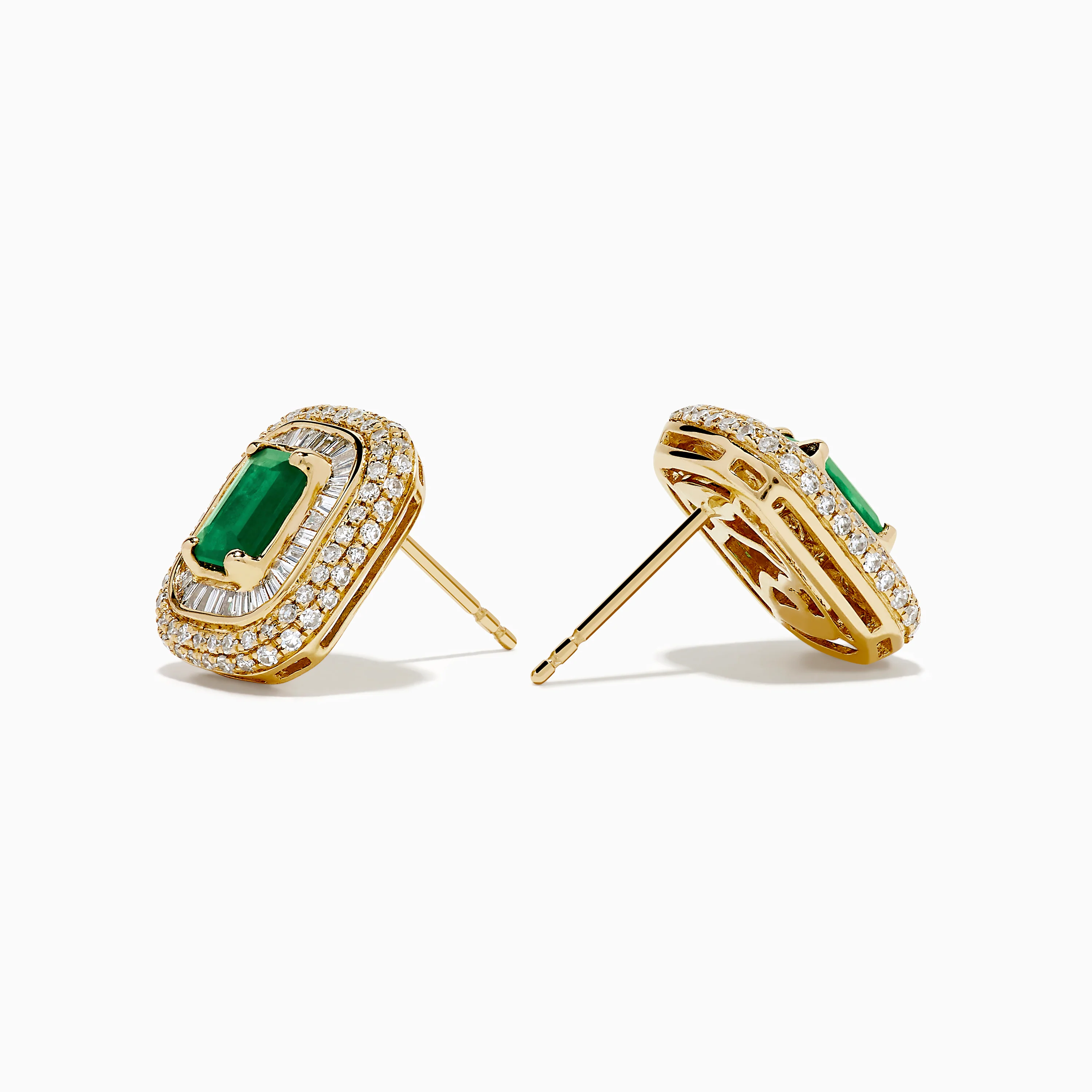 14K Yellow Gold Emerald and Diamond Double Halo Earrings - Image 2
