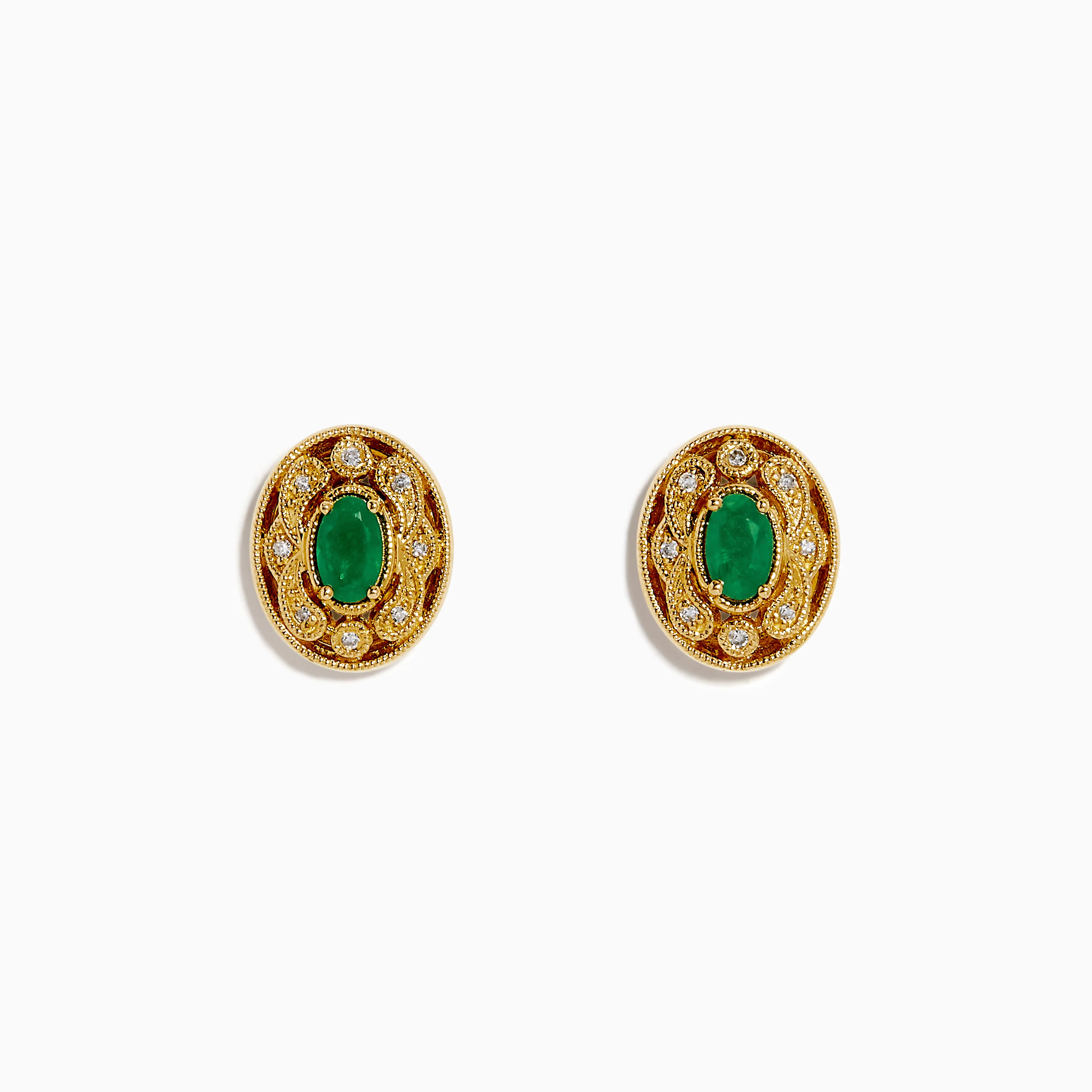 14K Yellow Gold Emerald and Diamond Filigree Halo Stud Earrings