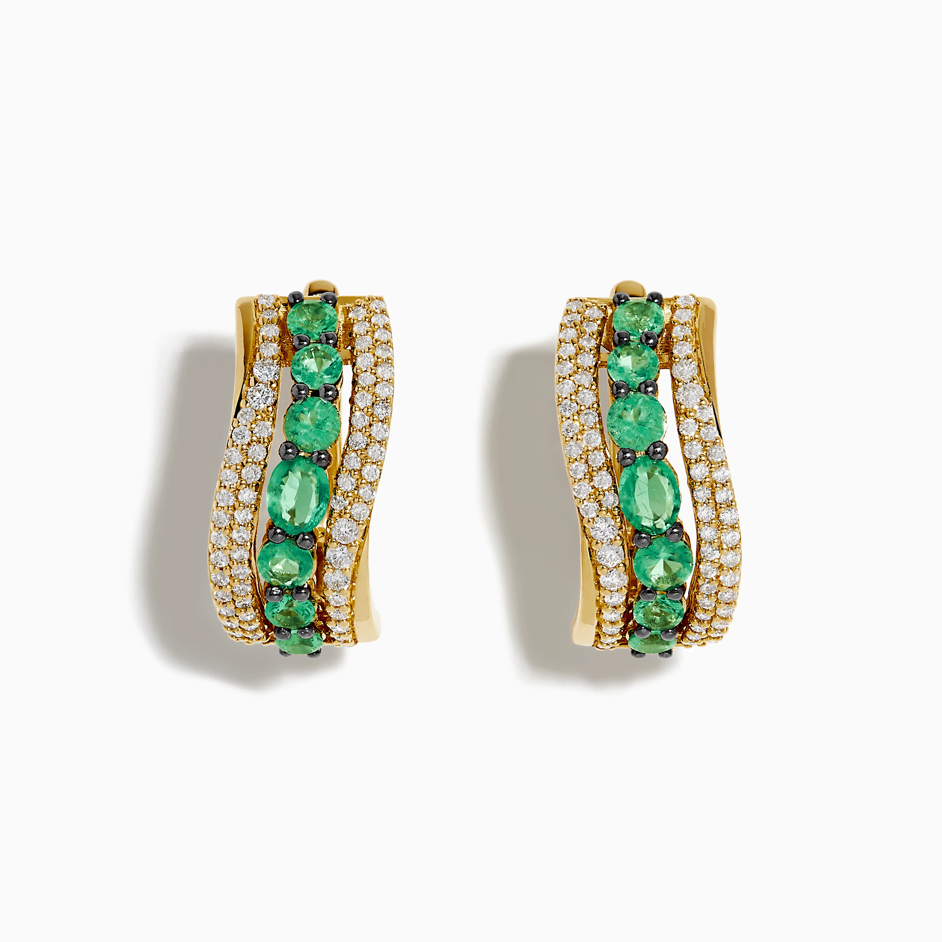 14K Yellow Gold Emerald and Diamond Hoop Earrings