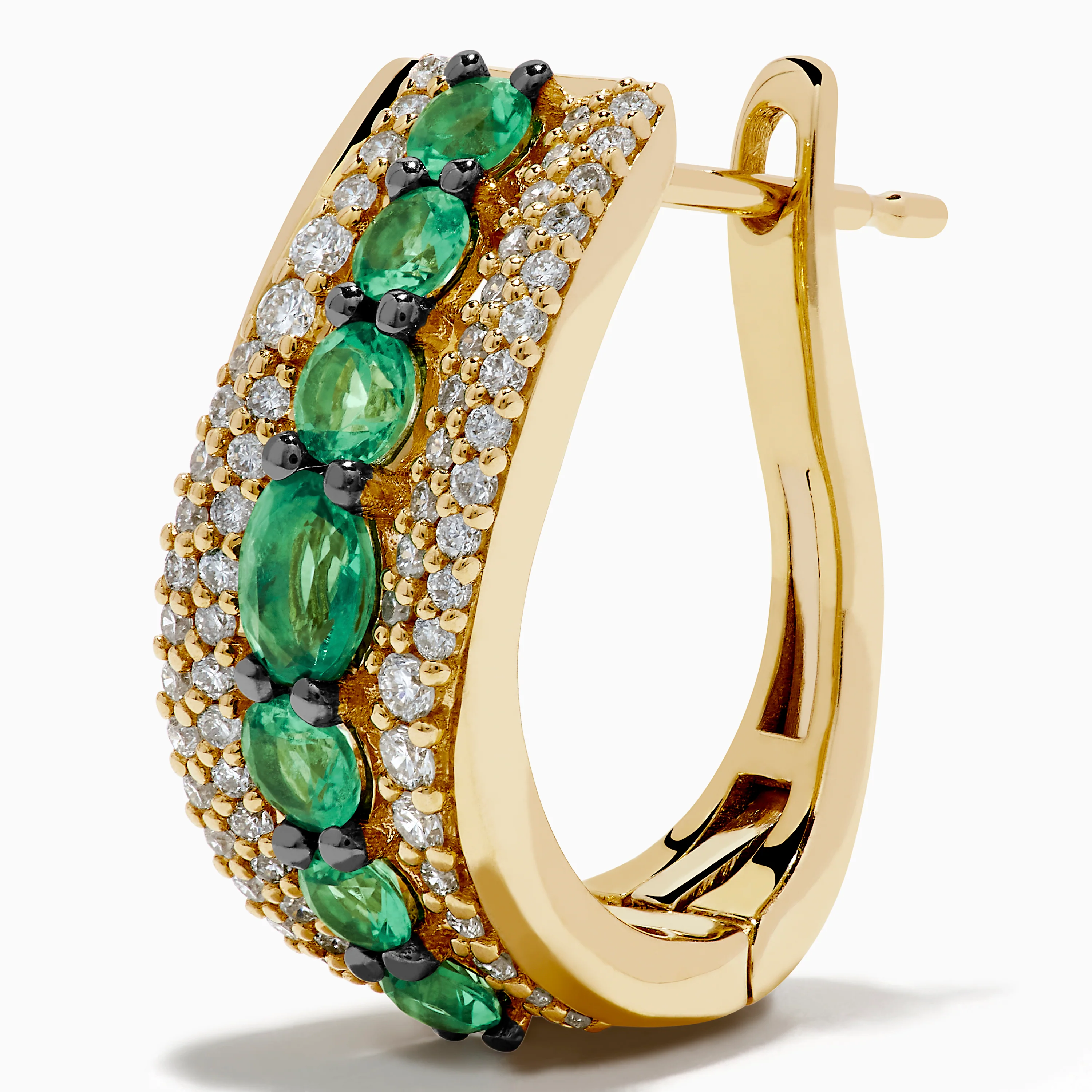 14K Yellow Gold Emerald and Diamond Hoop Earrings - Image 2