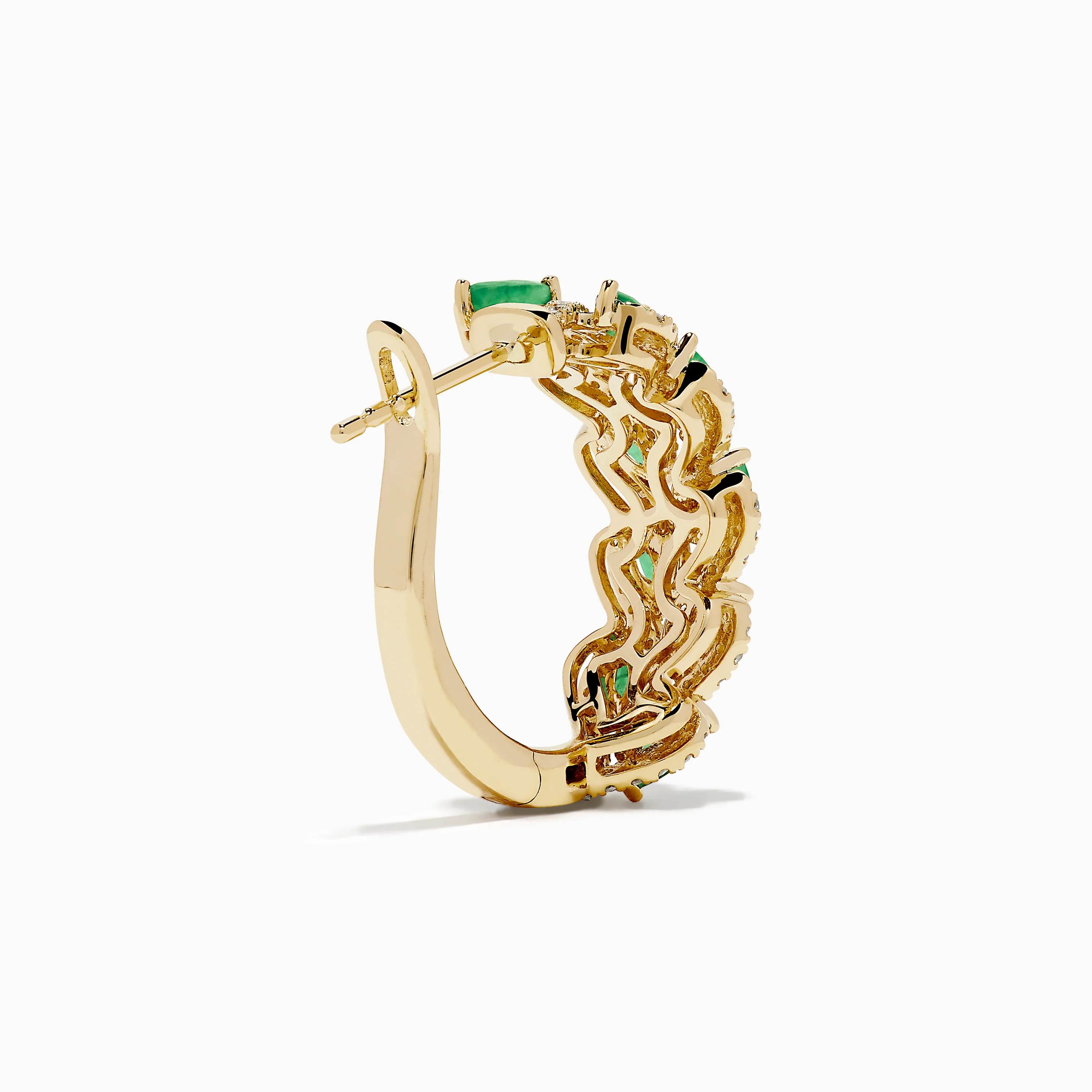 14K Yellow Gold Emerald and Diamond Marquise Leaf Hoop Earrings - Image 4