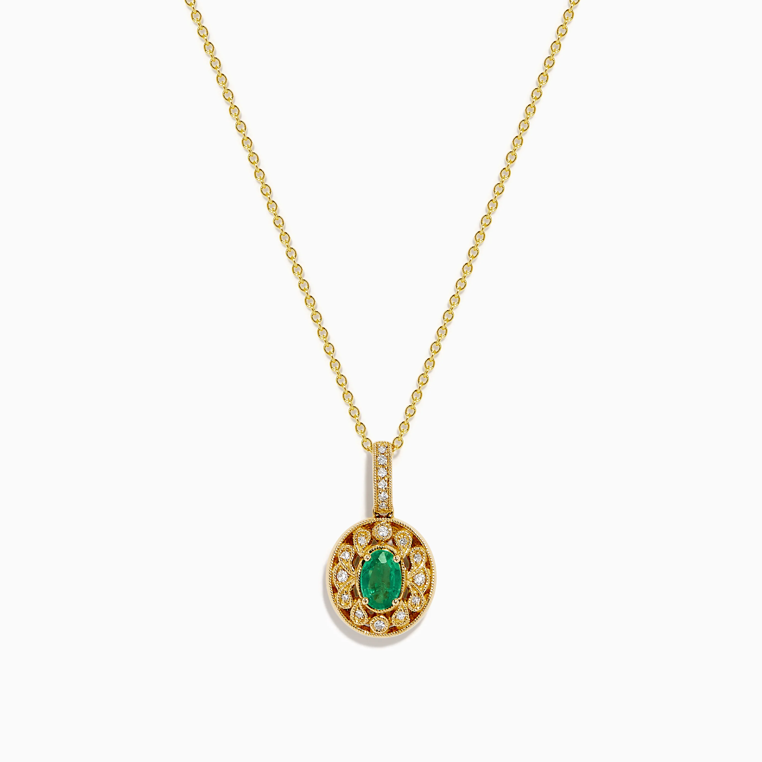 14K Yellow Gold Emerald and Diamond Filigree Halo Pendant