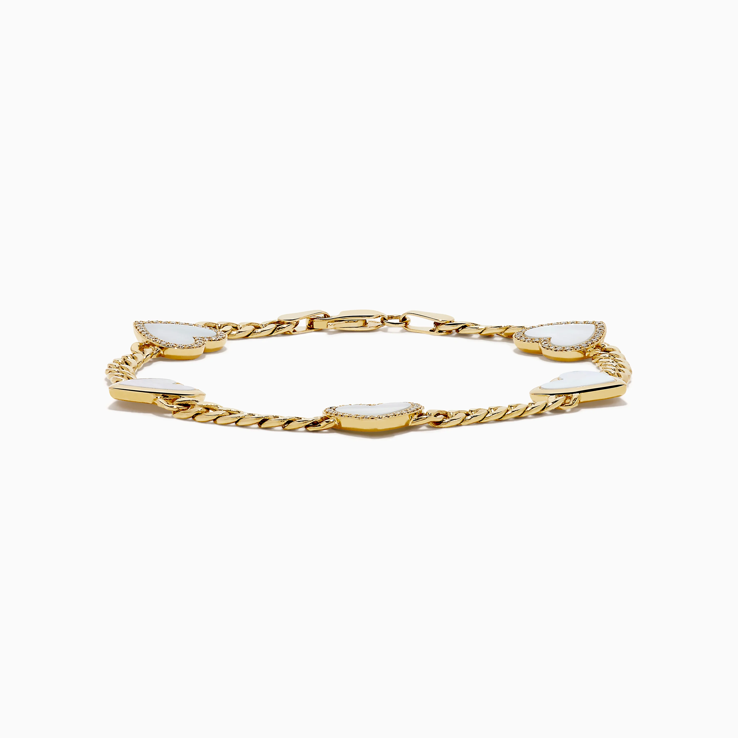 14K Yellow Gold Mother of Pearl and Diamond Heart Chain-link Station Bracelet - Image 3