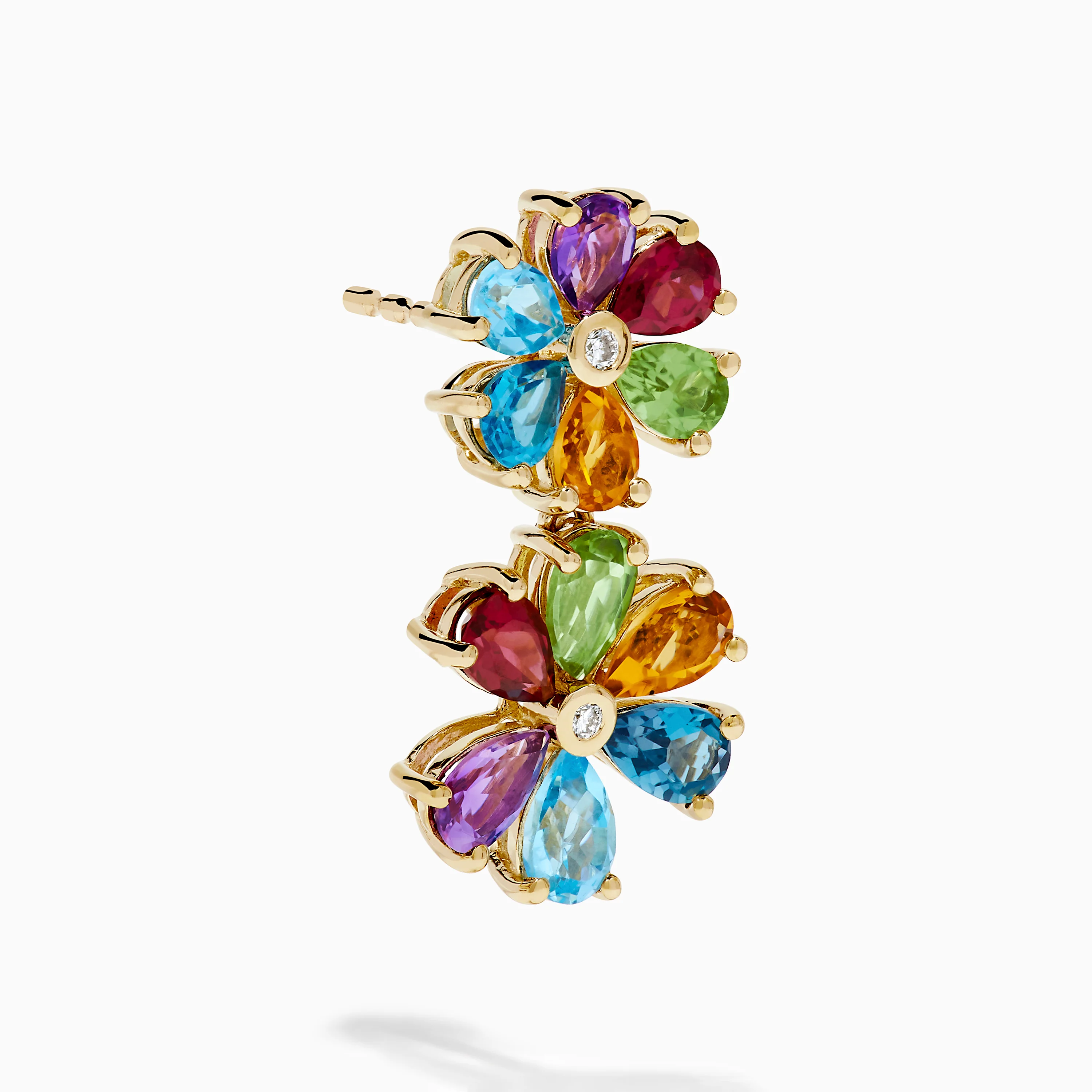 14K Yellow Gold Multi-Gemstone Pear-Cut Flower Drop Earrings - Image 3