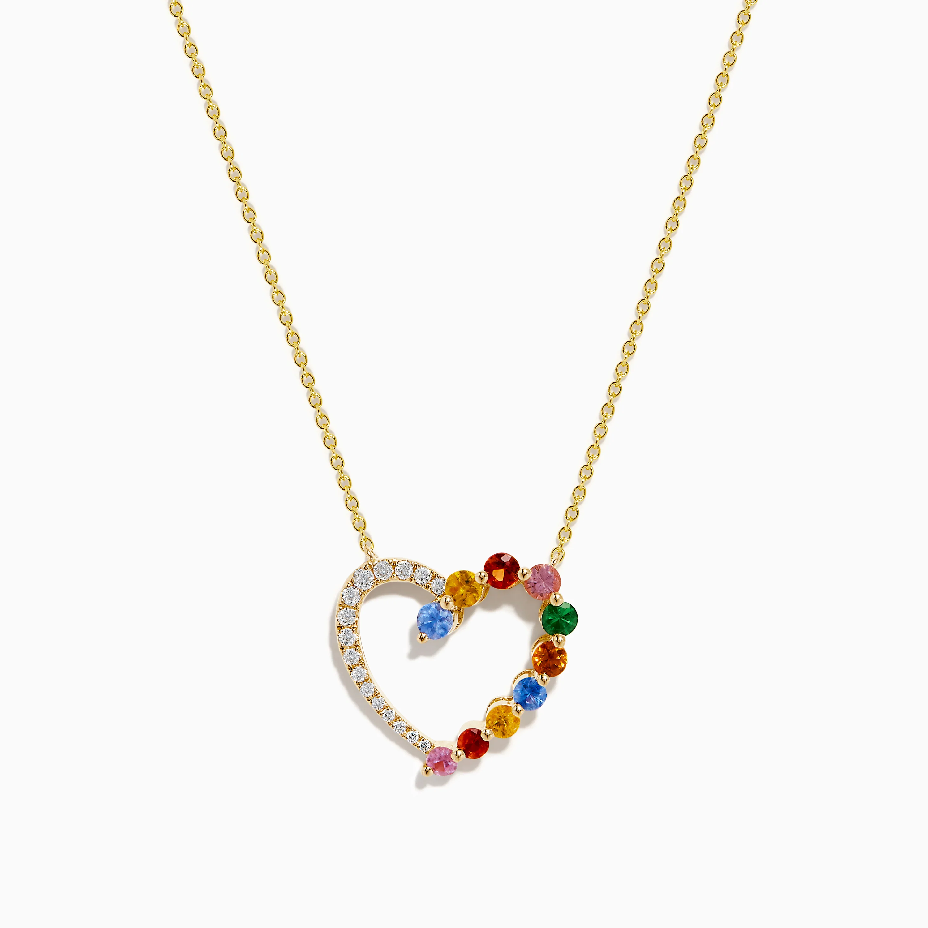 14K Yellow Gold Multi Sapphire and Diamond Open Heart Pendant