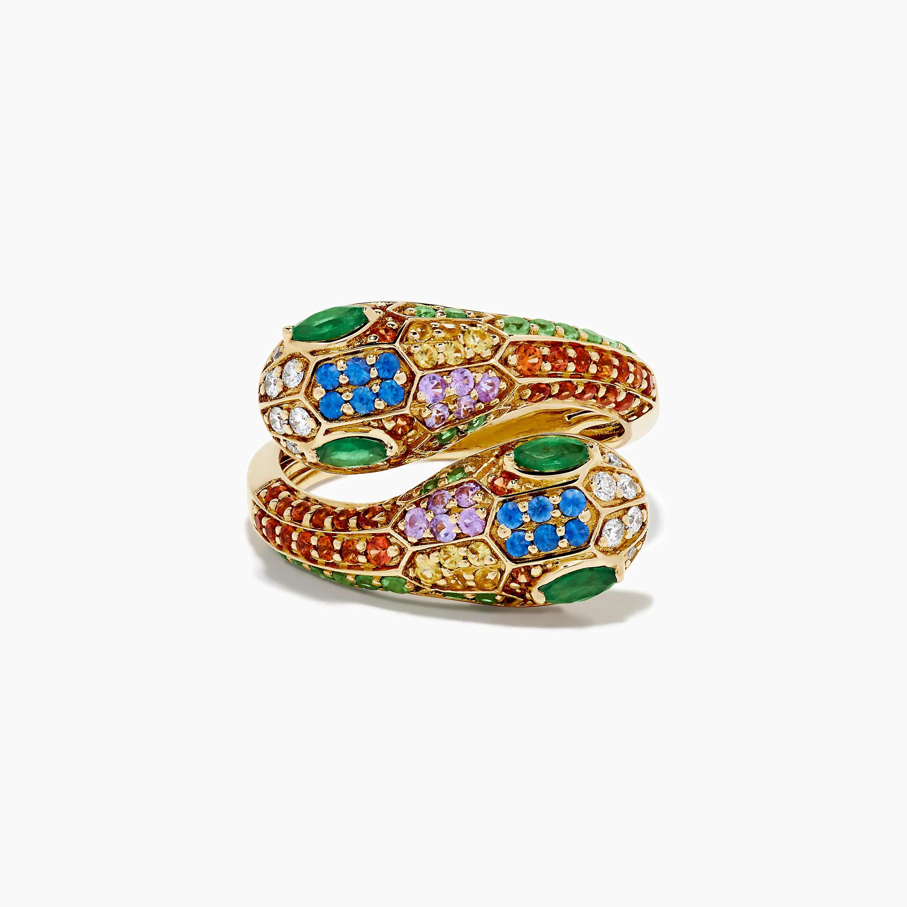 14K Yellow Gold Multi Sapphire, Emerald and Diamond Snake Bypass Ring