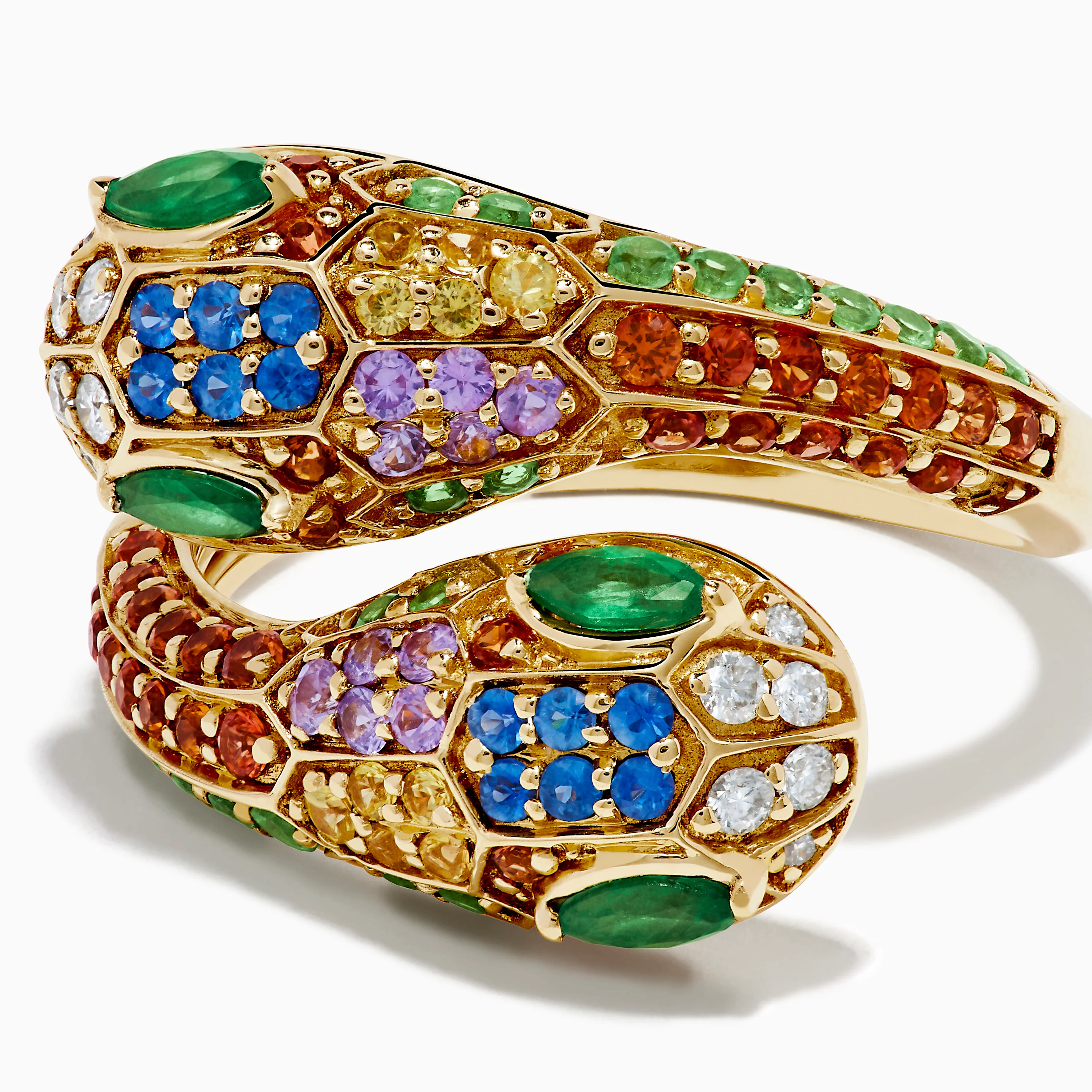 14K Yellow Gold Multi Sapphire, Emerald and Diamond Snake Bypass Ring - Image 2