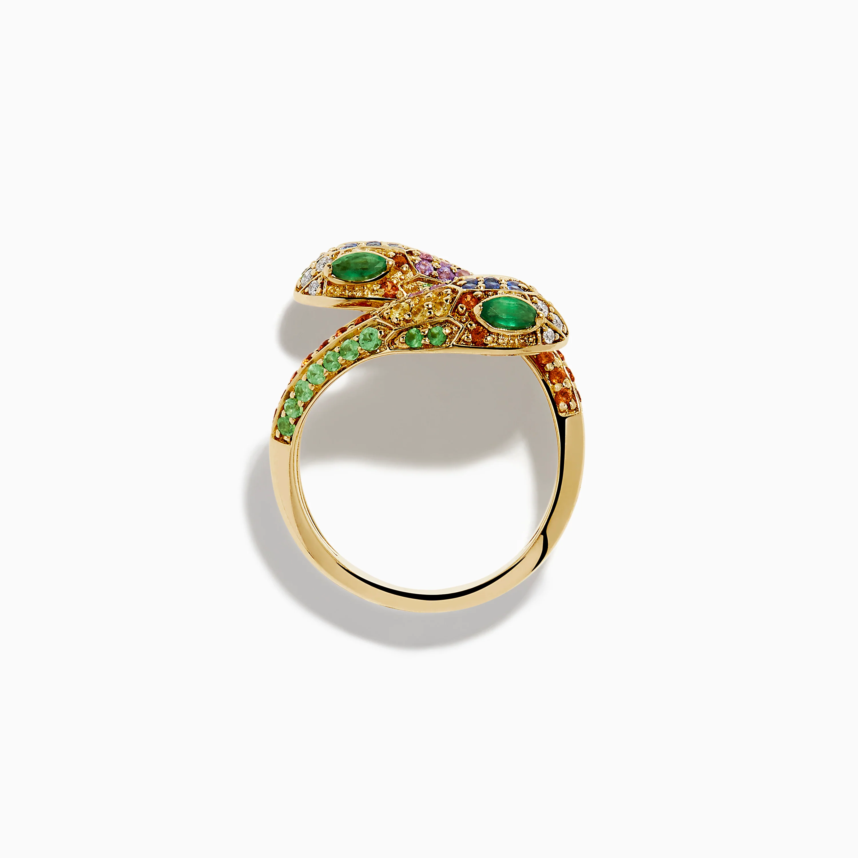 14K Yellow Gold Multi Sapphire, Emerald and Diamond Snake Bypass Ring - Image 3