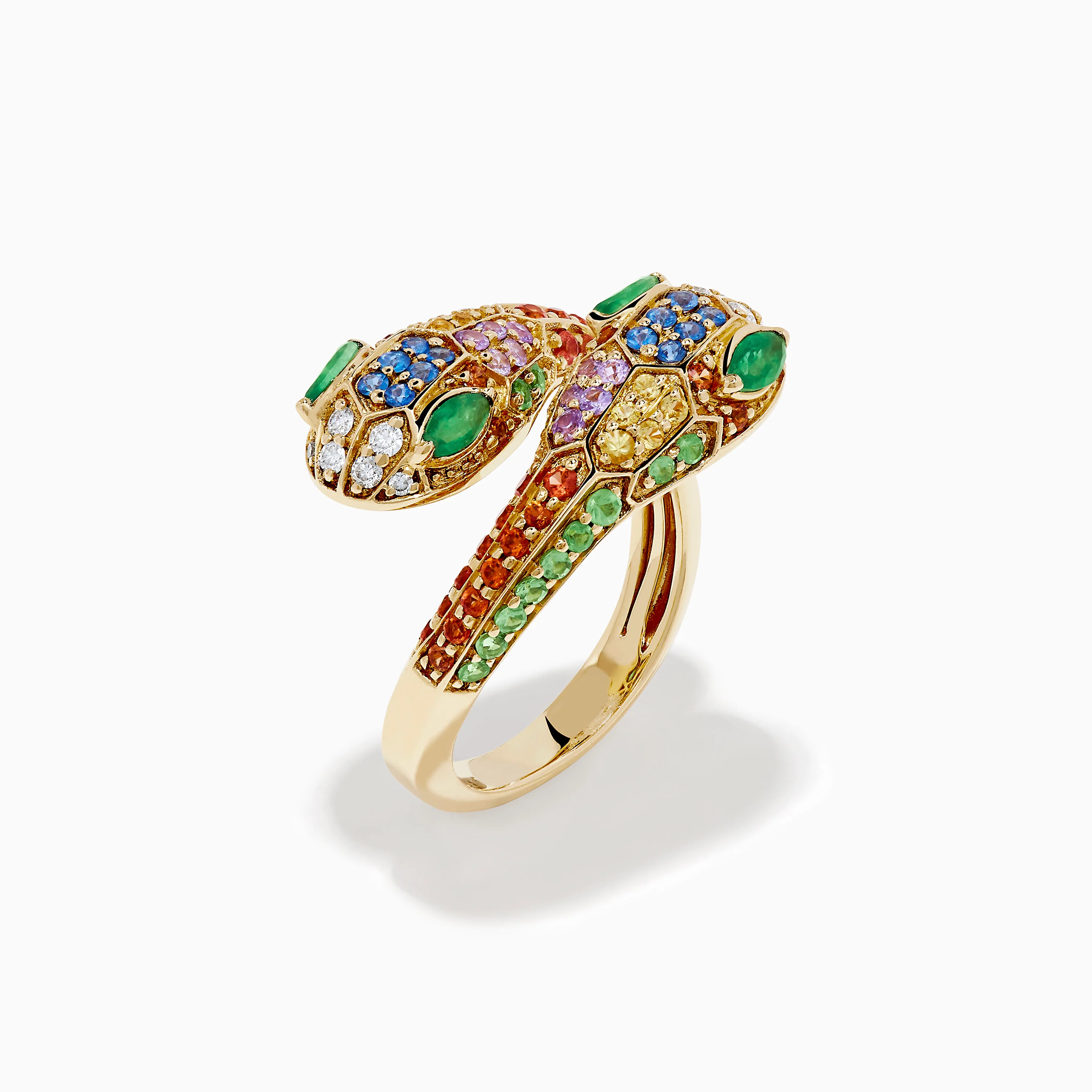 14K Yellow Gold Multi Sapphire, Emerald and Diamond Snake Bypass Ring - Image 4
