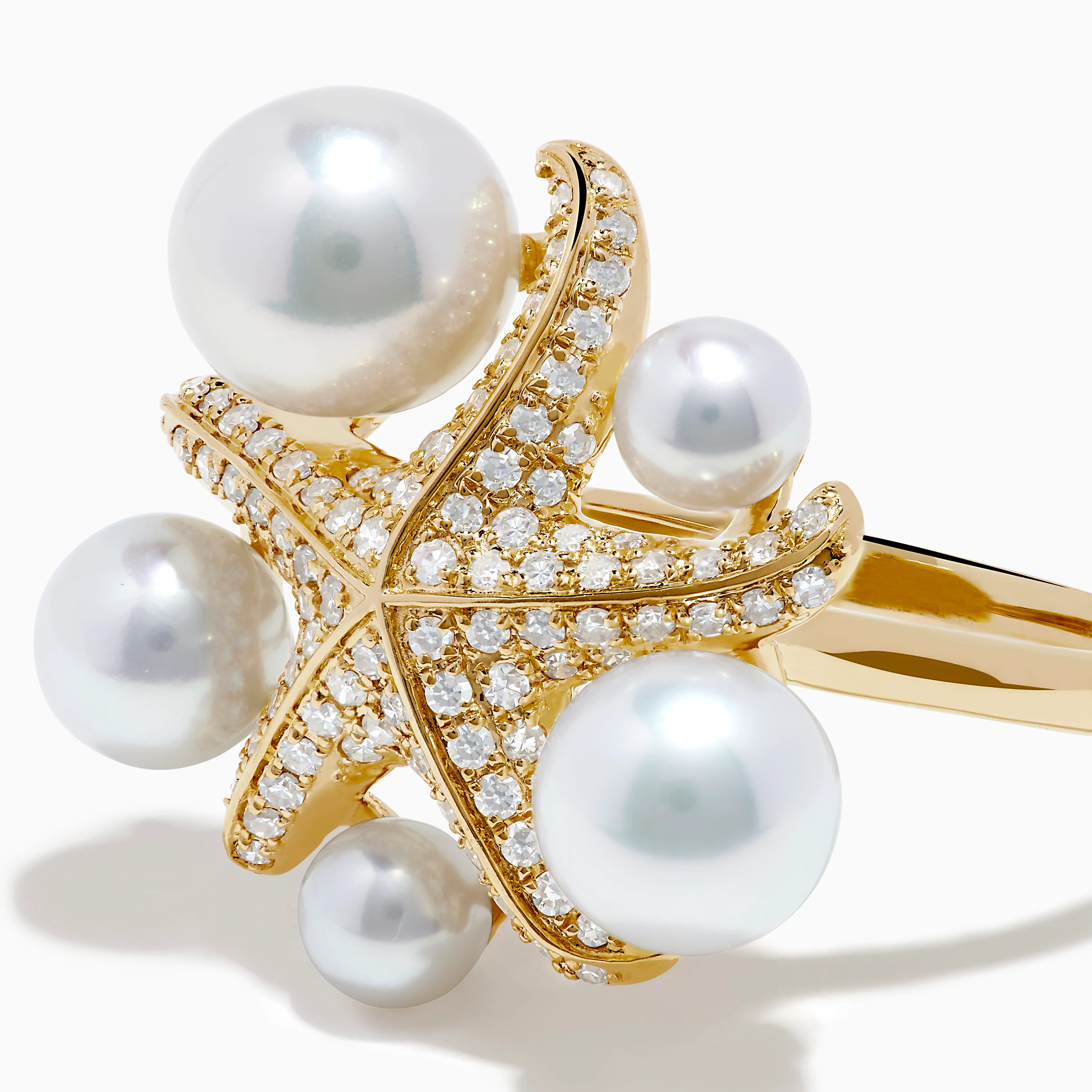 14K Yellow Gold Pearl and Diamond Starfish Ring - Image 2