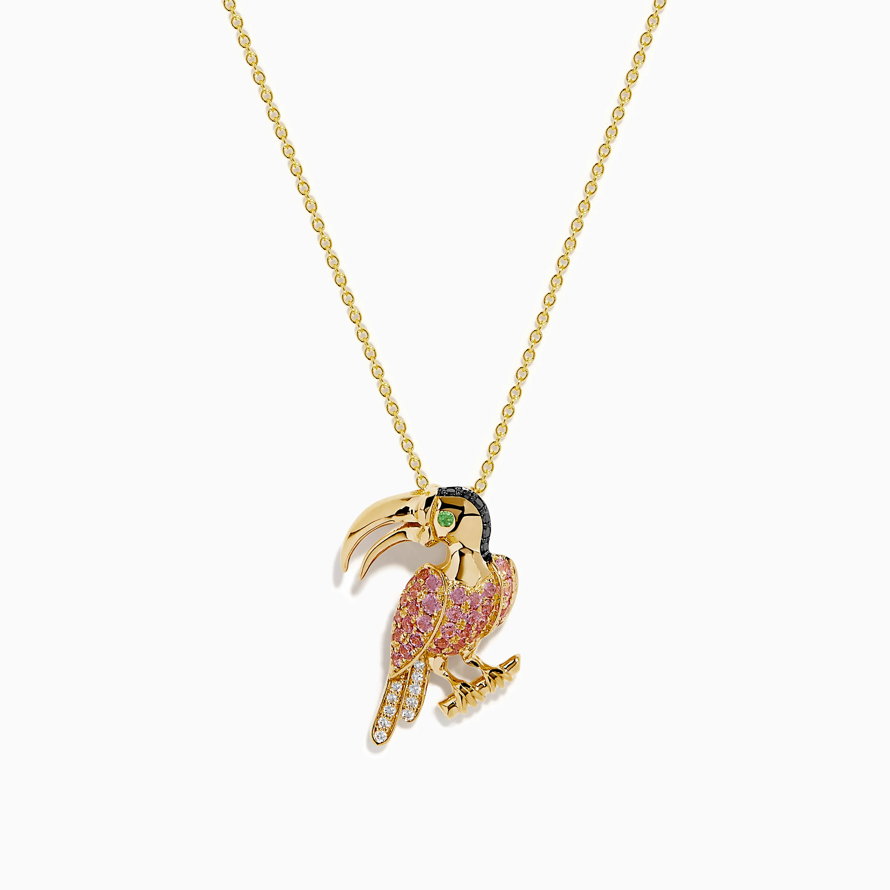 14K Yellow Gold Pink Sapphire and Diamond Pave Toucan Pendant