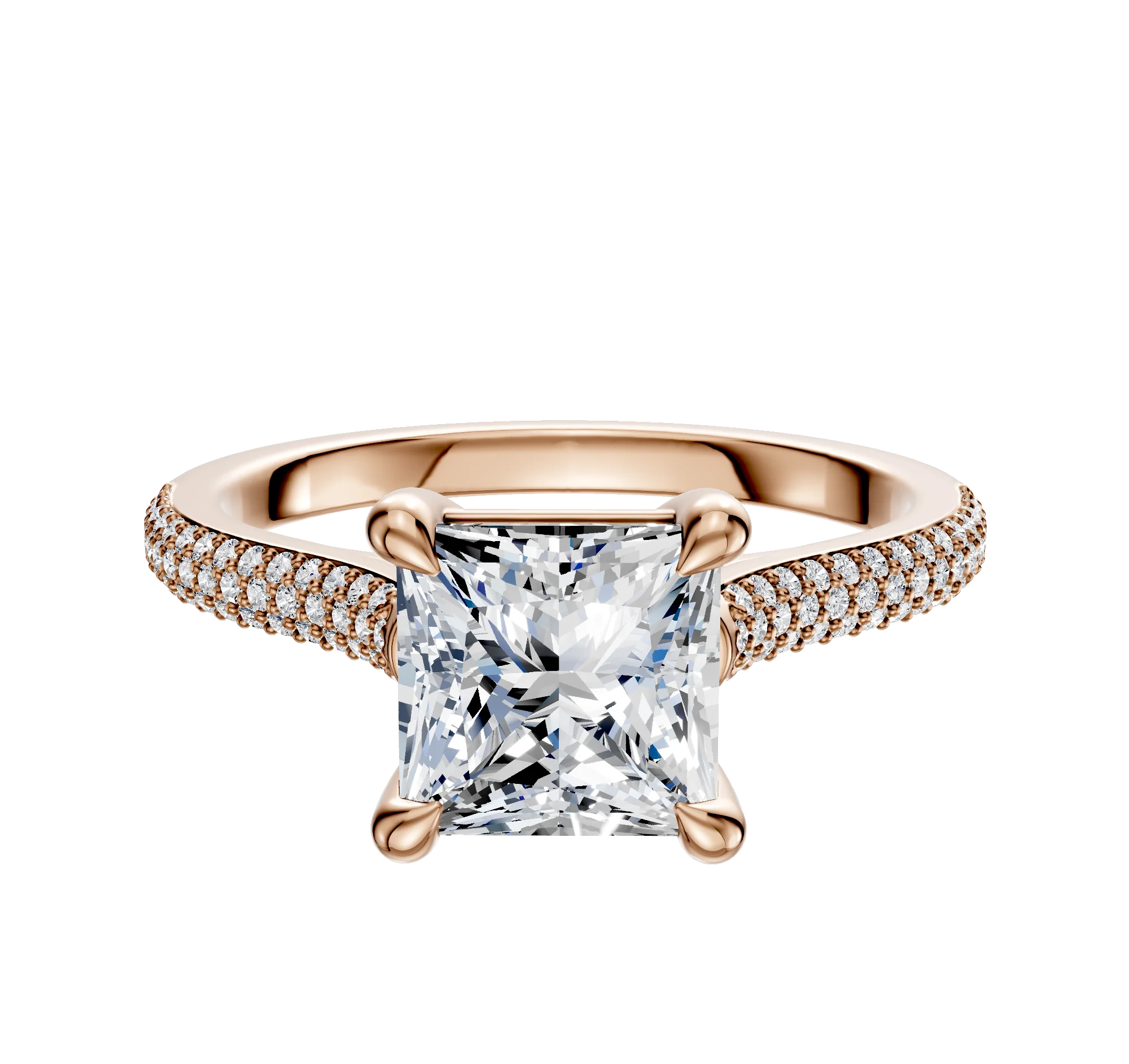 18K Rose Gold 4 Prong Basket Cathedral Dome 3-Row-Pave 2.0mm Engagement Ring