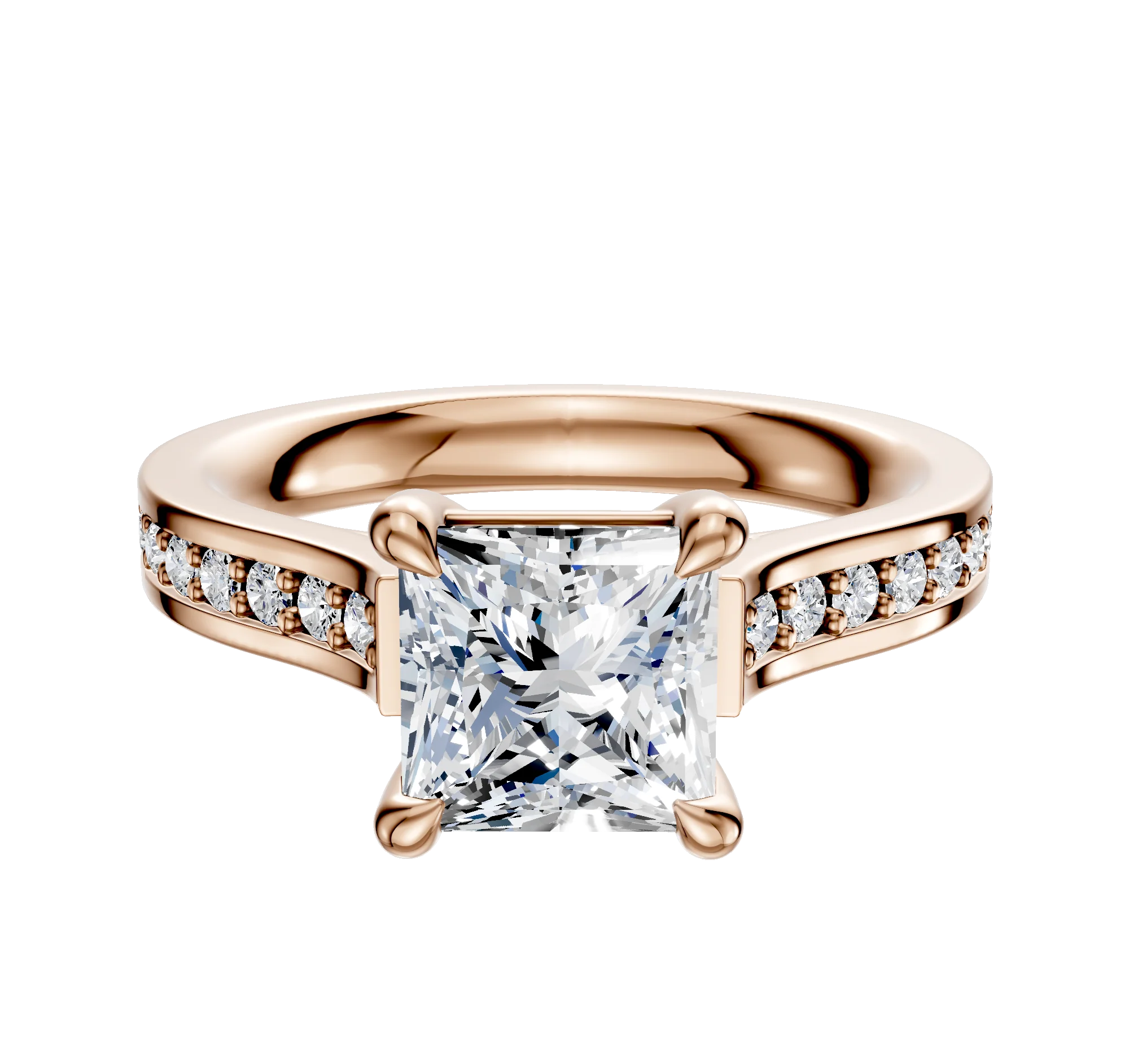 18K Rose Gold 4 Prong Basket Cathedral Flat 1-Row-Pave 2.5mm Engagement Ring