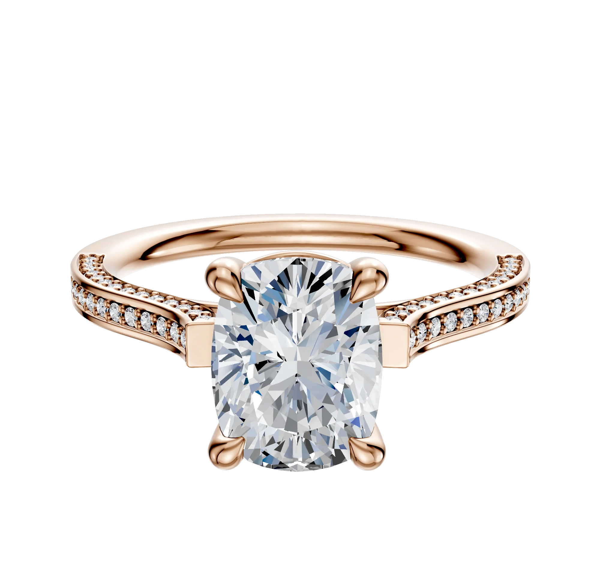 18K Rose Gold 4 Prong Basket Cathedral Flat 3-Row-Pave 2.0mm Engagement Ring