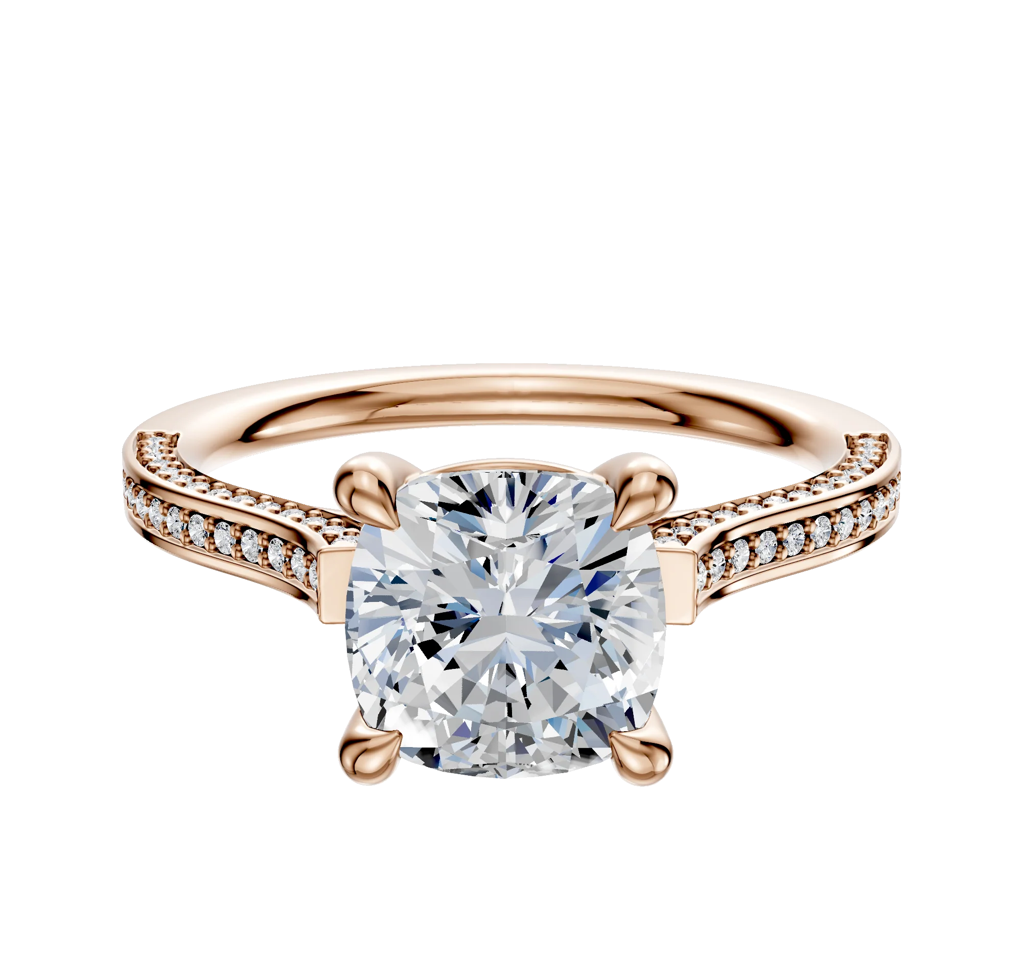 18K Rose Gold 4 Prong Basket Cathedral Flat 3-Row-Pave 2.0mm Engagement Ring