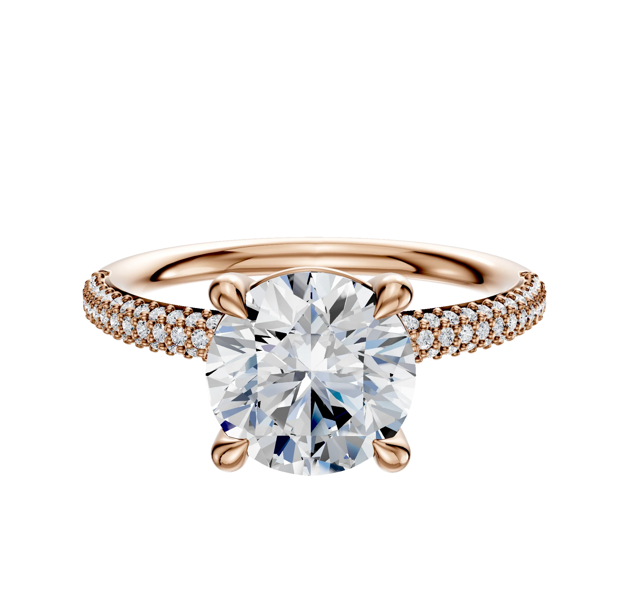 18K Rose Gold 4 Prong Basket Classic Dome 3-Row-Pave 2.0mm Engagement Ring