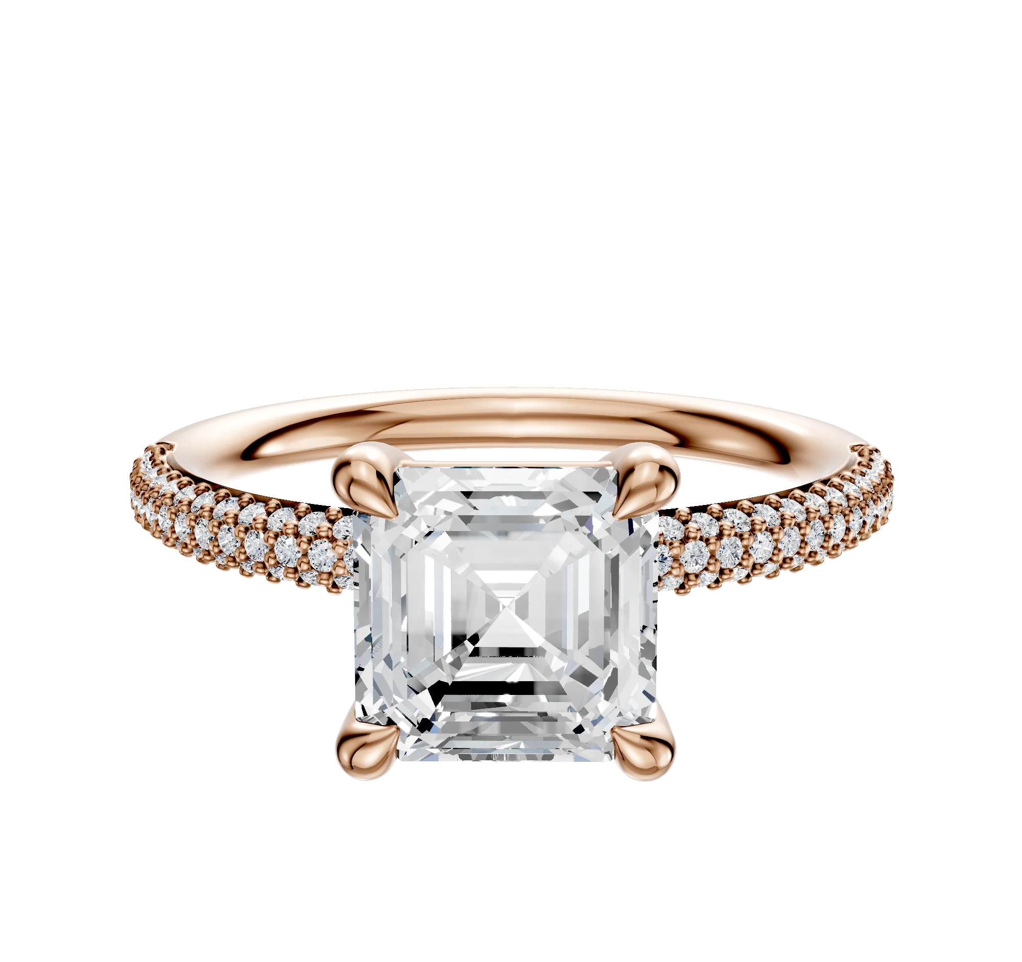 18K Rose Gold 4 Prong Basket Classic Dome 3-Row-Pave 2.0mm Engagement Ring