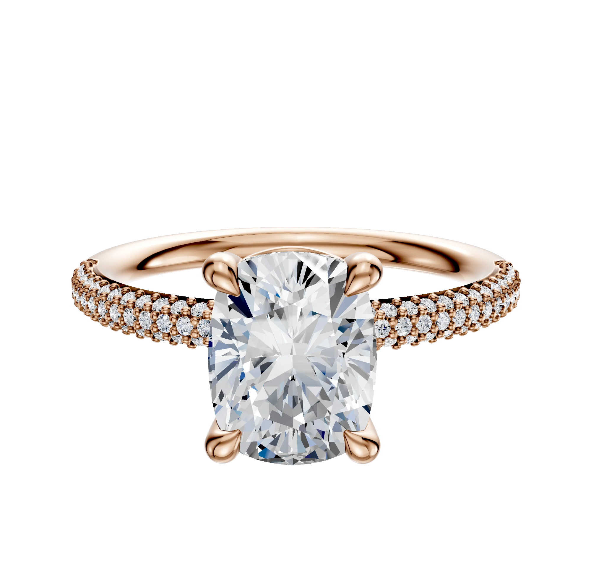 18K Rose Gold 4 Prong Basket Classic Dome 3-Row-Pave 2.0mm Engagement Ring