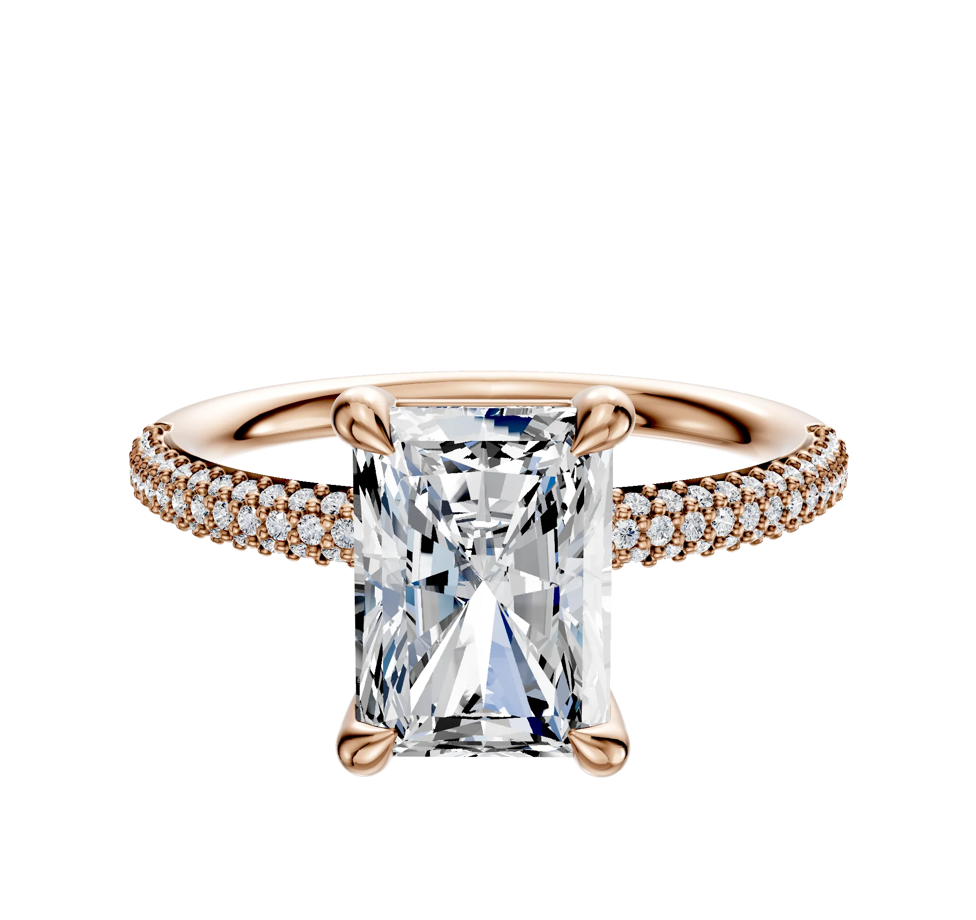 18K Rose Gold 4 Prong Basket Classic Dome 3-Row-Pave 2.0mm Engagement Ring